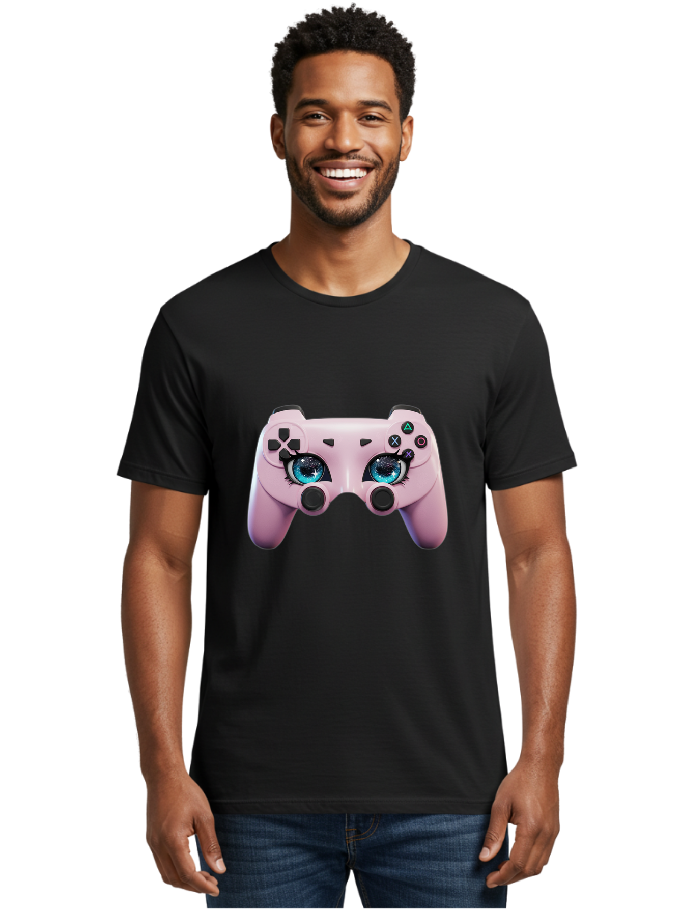Ps4-Controller Men'S Graphic Tee, 100% Cotton, Comfortable Casual Summer Wear, Machine Washable, Pastel Pink Controller, Kawaii Gaming, Blue Eyes, Eyelashes, Ps4, Gaming, Kawaii Art, Pastel Colors, Cartoon Style, Video Game Bad455 16