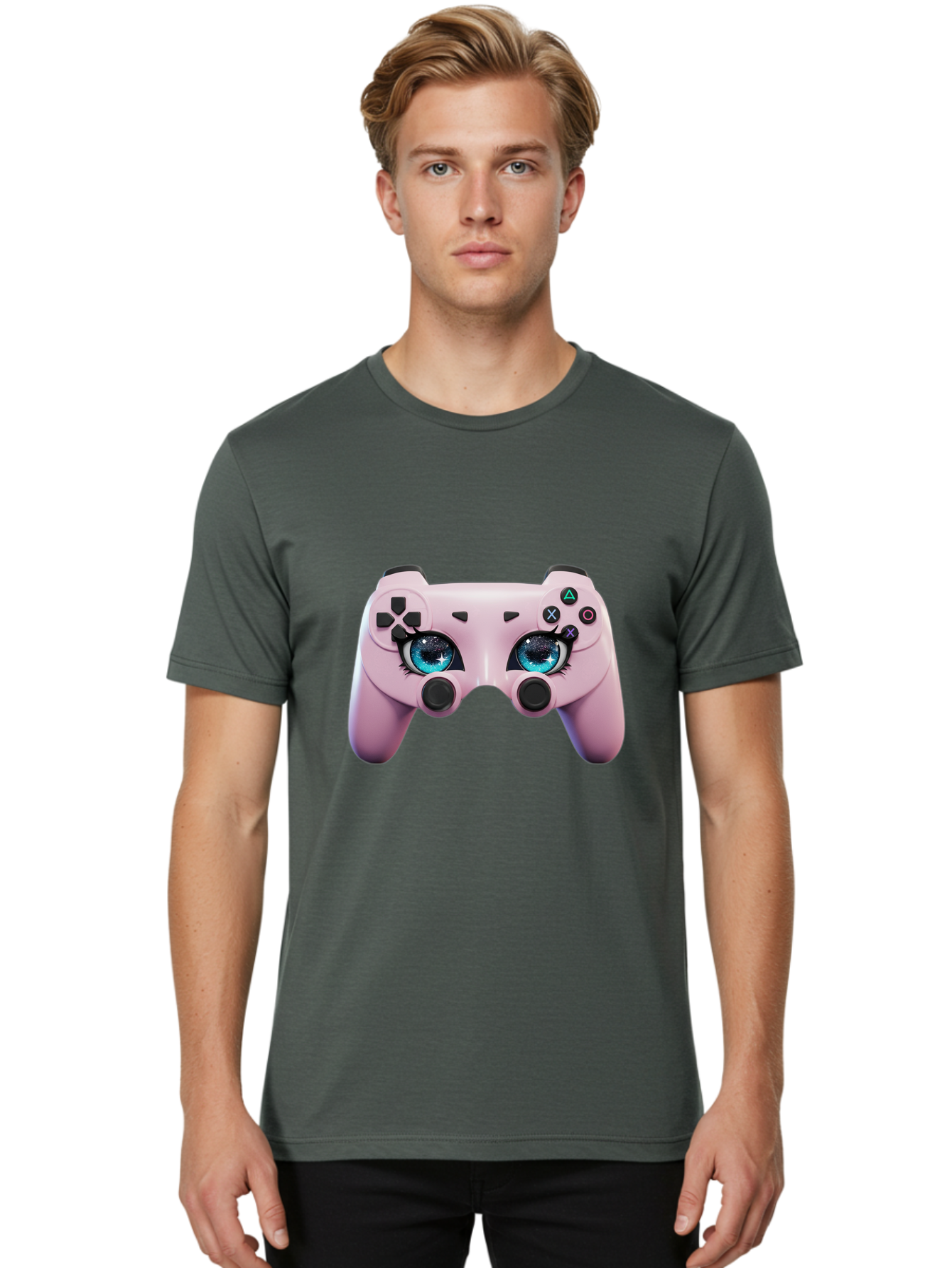 Ps4-Controller Men'S Graphic Tee, 100% Cotton, Comfortable Casual Summer Wear, Machine Washable, Pastel Pink Controller, Kawaii Gaming, Blue Eyes, Eyelashes, Ps4, Gaming, Kawaii Art, Pastel Colors, Cartoon Style, Video Game Bad455 30
