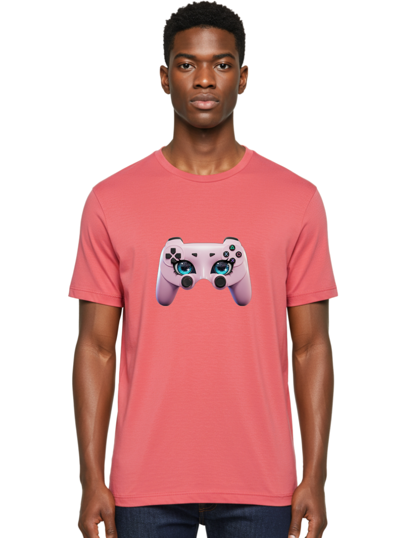 Ps4-Controller Men'S Graphic Tee, 100% Cotton, Comfortable Casual Summer Wear, Machine Washable, Pastel Pink Controller, Kawaii Gaming, Blue Eyes, Eyelashes, Ps4, Gaming, Kawaii Art, Pastel Colors, Cartoon Style, Video Game Bad455 28