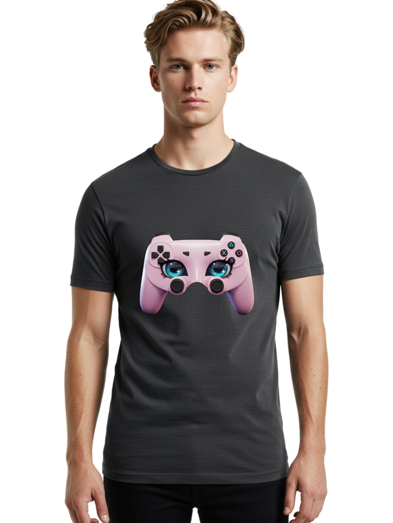 Ps4-Controller Men'S Graphic Tee, 100% Cotton, Comfortable Casual Summer Wear, Machine Washable, Pastel Pink Controller, Kawaii Gaming, Blue Eyes, Eyelashes, Ps4, Gaming, Kawaii Art, Pastel Colors, Cartoon Style, Video Game Bad455 27