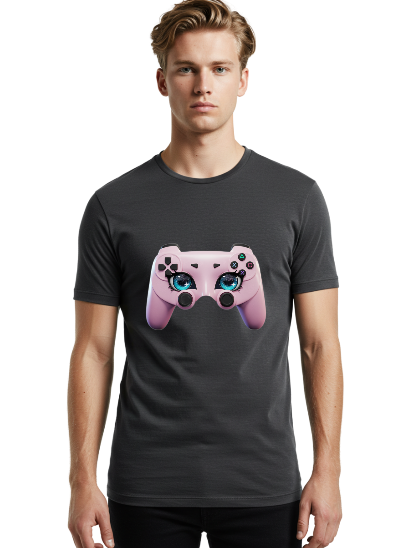 Ps4-Controller Men'S Graphic Tee, 100% Cotton, Comfortable Casual Summer Wear, Machine Washable, Pastel Pink Controller, Kawaii Gaming, Blue Eyes, Eyelashes, Ps4, Gaming, Kawaii Art, Pastel Colors, Cartoon Style, Video Game Bad455 19