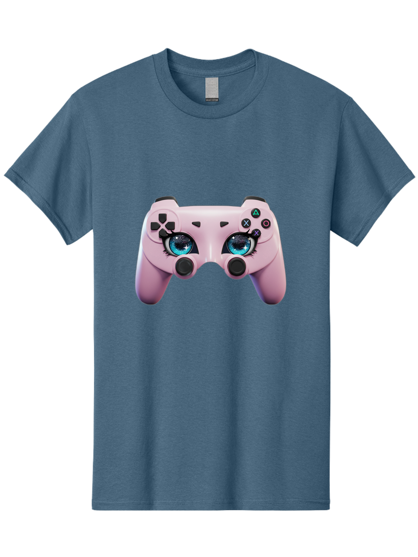 Ps4-Controller Men'S Graphic Tee, 100% Cotton, Comfortable Casual Summer Wear, Machine Washable, Pastel Pink Controller, Kawaii Gaming, Blue Eyes, Eyelashes, Ps4, Gaming, Kawaii Art, Pastel Colors, Cartoon Style, Video Game Bad455 5
