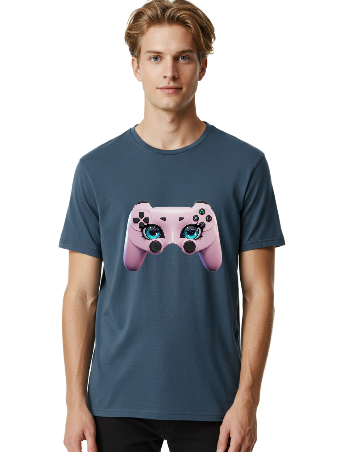 Ps4-Controller Men'S Graphic Tee, 100% Cotton, Comfortable Casual Summer Wear, Machine Washable, Pastel Pink Controller, Kawaii Gaming, Blue Eyes, Eyelashes, Ps4, Gaming, Kawaii Art, Pastel Colors, Cartoon Style, Video Game Bad455 20
