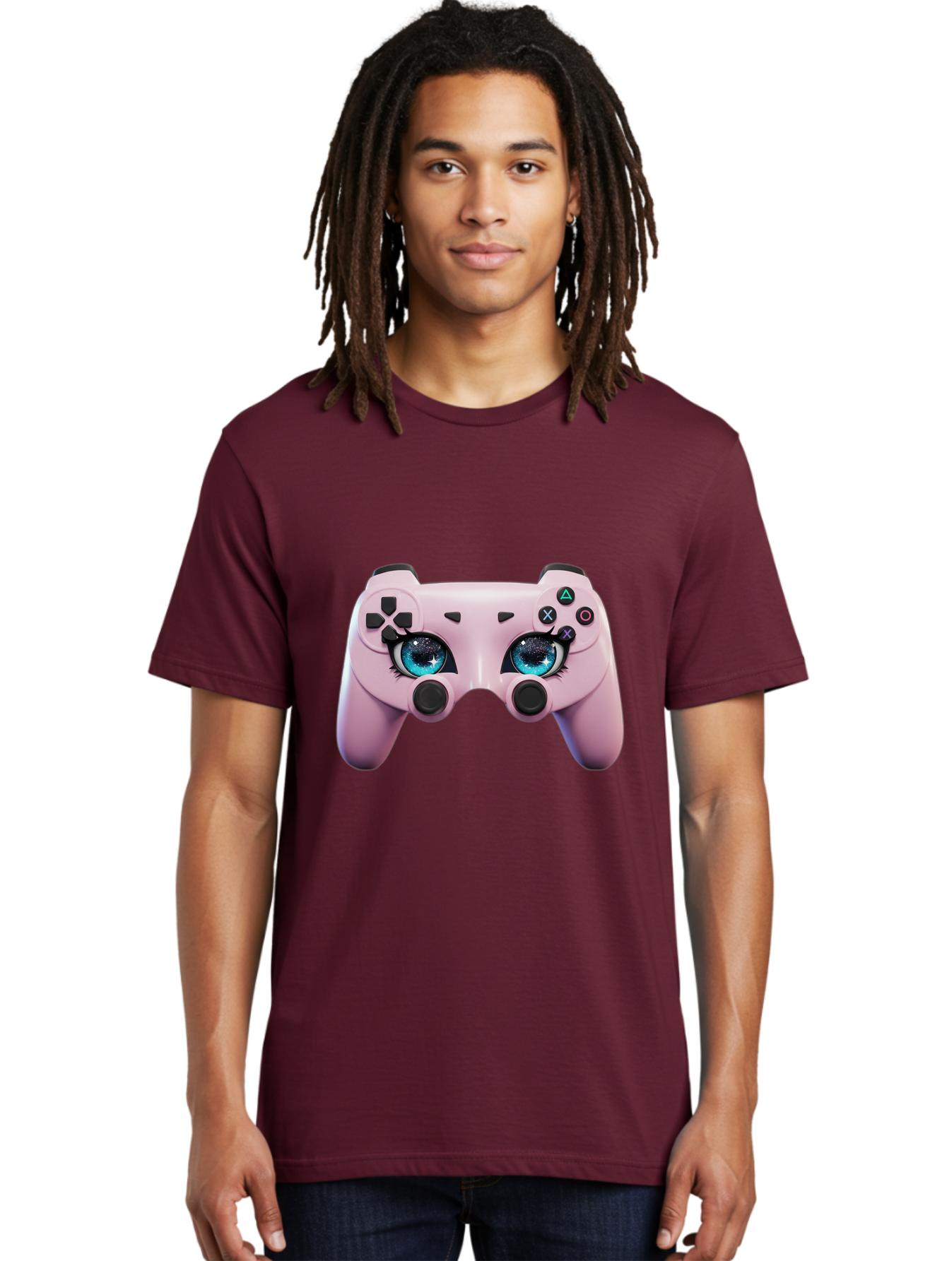 Ps4-Controller Men'S Graphic Tee, 100% Cotton, Comfortable Casual Summer Wear, Machine Washable, Pastel Pink Controller, Kawaii Gaming, Blue Eyes, Eyelashes, Ps4, Gaming, Kawaii Art, Pastel Colors, Cartoon Style, Video Game Bad455 25
