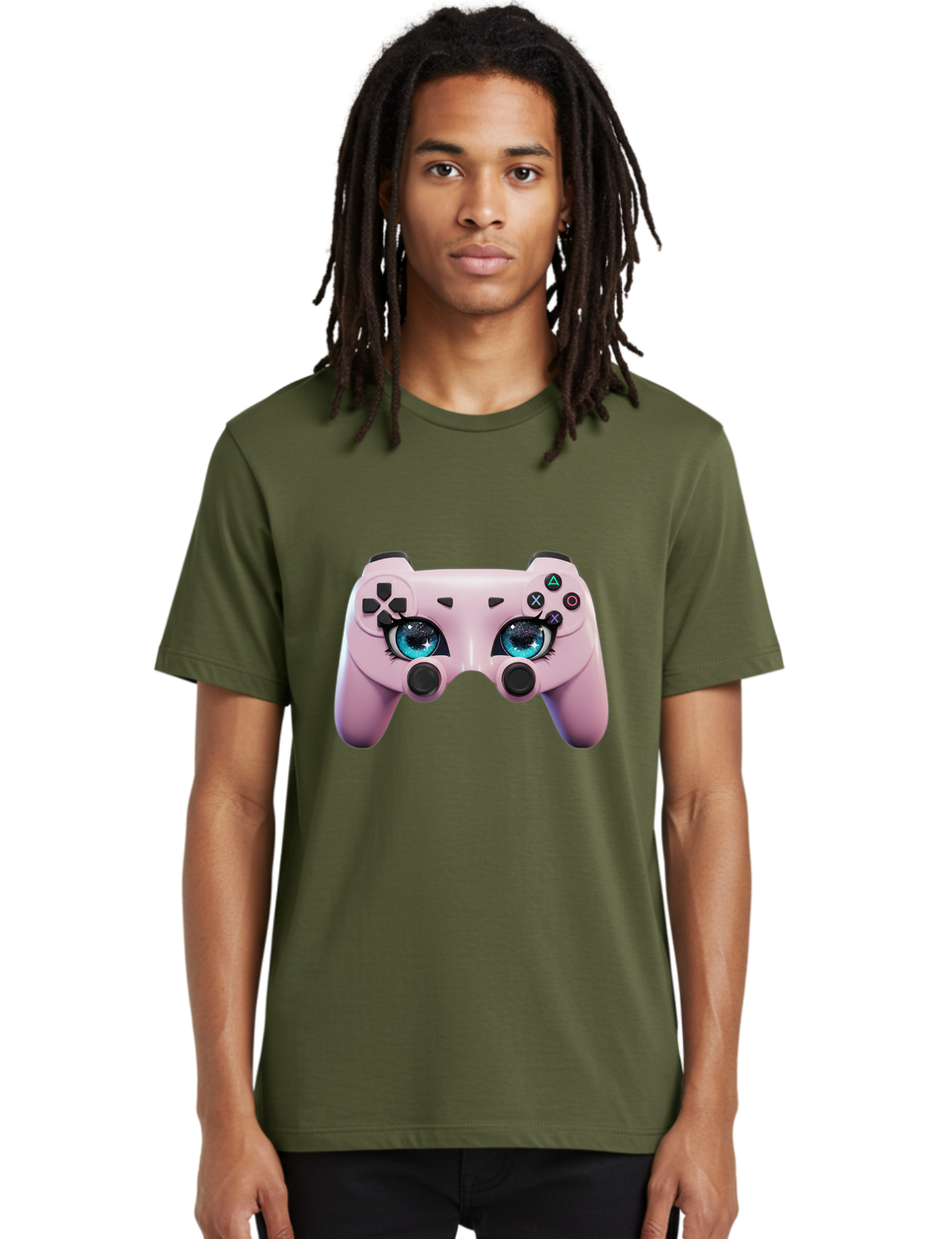 Ps4-Controller Men'S Graphic Tee, 100% Cotton, Comfortable Casual Summer Wear, Machine Washable, Pastel Pink Controller, Kawaii Gaming, Blue Eyes, Eyelashes, Ps4, Gaming, Kawaii Art, Pastel Colors, Cartoon Style, Video Game Bad455 21
