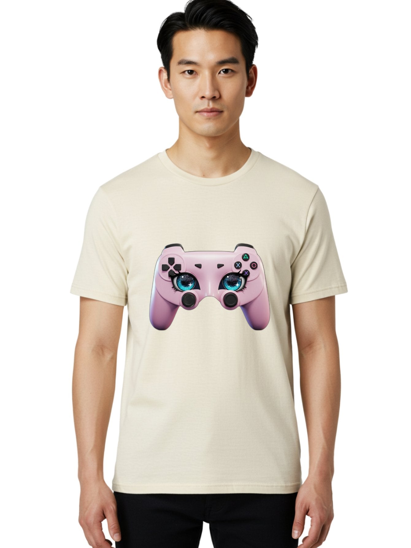 Ps4-Controller Men'S Graphic Tee, 100% Cotton, Comfortable Casual Summer Wear, Machine Washable, Pastel Pink Controller, Kawaii Gaming, Blue Eyes, Eyelashes, Ps4, Gaming, Kawaii Art, Pastel Colors, Cartoon Style, Video Game Bad455 19