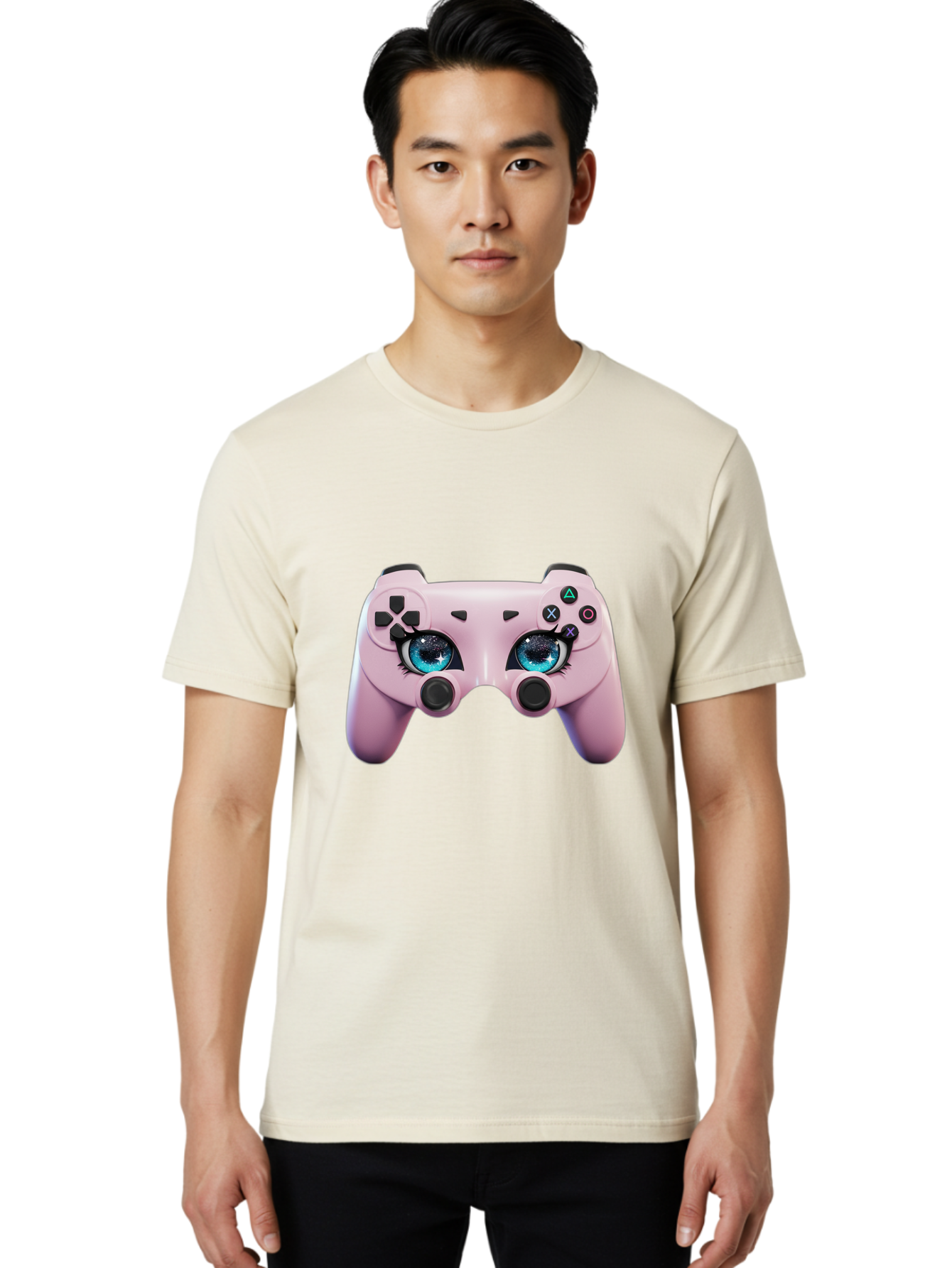 Ps4-Controller Men'S Graphic Tee, 100% Cotton, Comfortable Casual Summer Wear, Machine Washable, Pastel Pink Controller, Kawaii Gaming, Blue Eyes, Eyelashes, Ps4, Gaming, Kawaii Art, Pastel Colors, Cartoon Style, Video Game Bad455 26