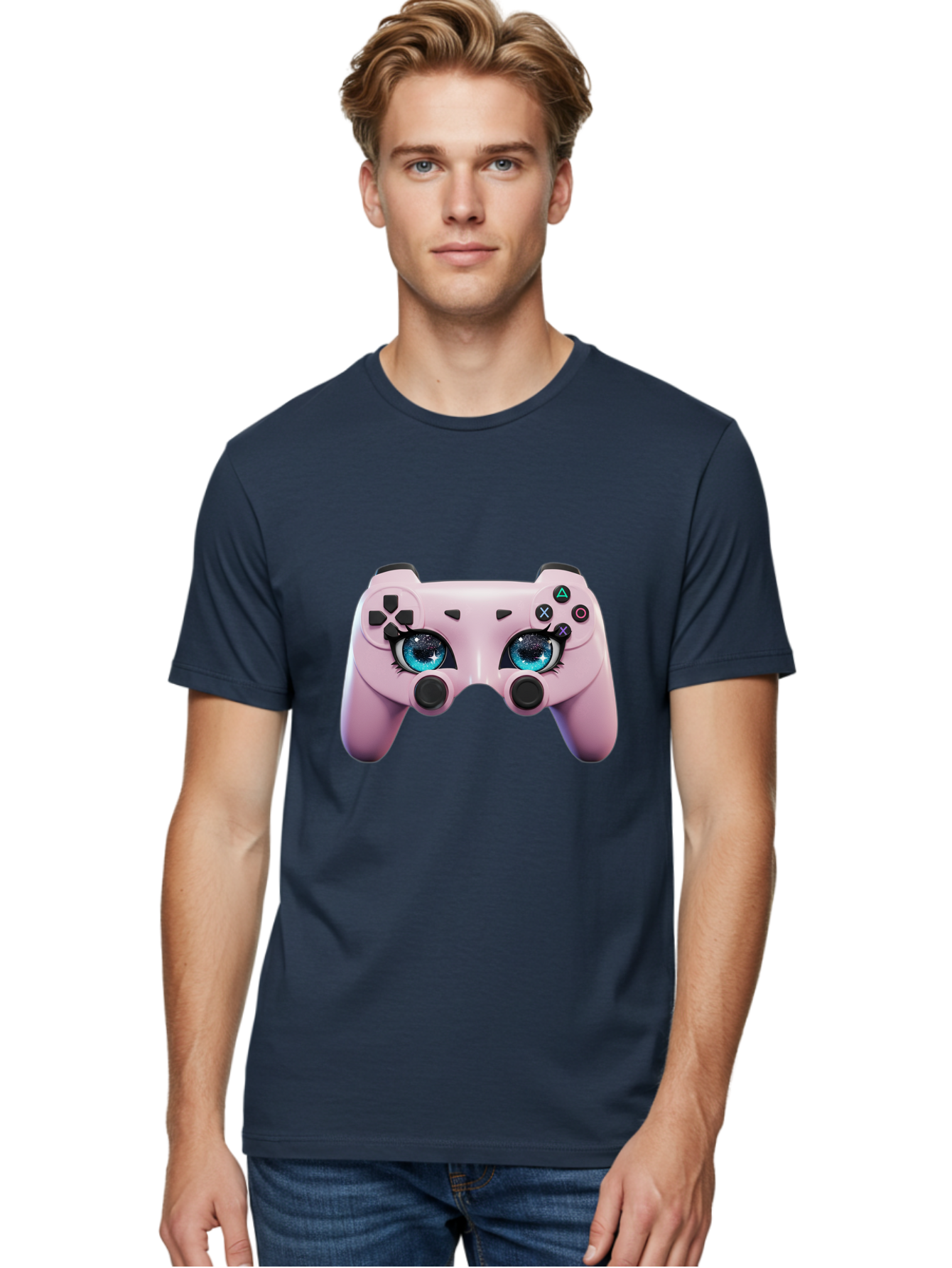 Ps4-Controller Men'S Graphic Tee, 100% Cotton, Comfortable Casual Summer Wear, Machine Washable, Pastel Pink Controller, Kawaii Gaming, Blue Eyes, Eyelashes, Ps4, Gaming, Kawaii Art, Pastel Colors, Cartoon Style, Video Game Bad455 23
