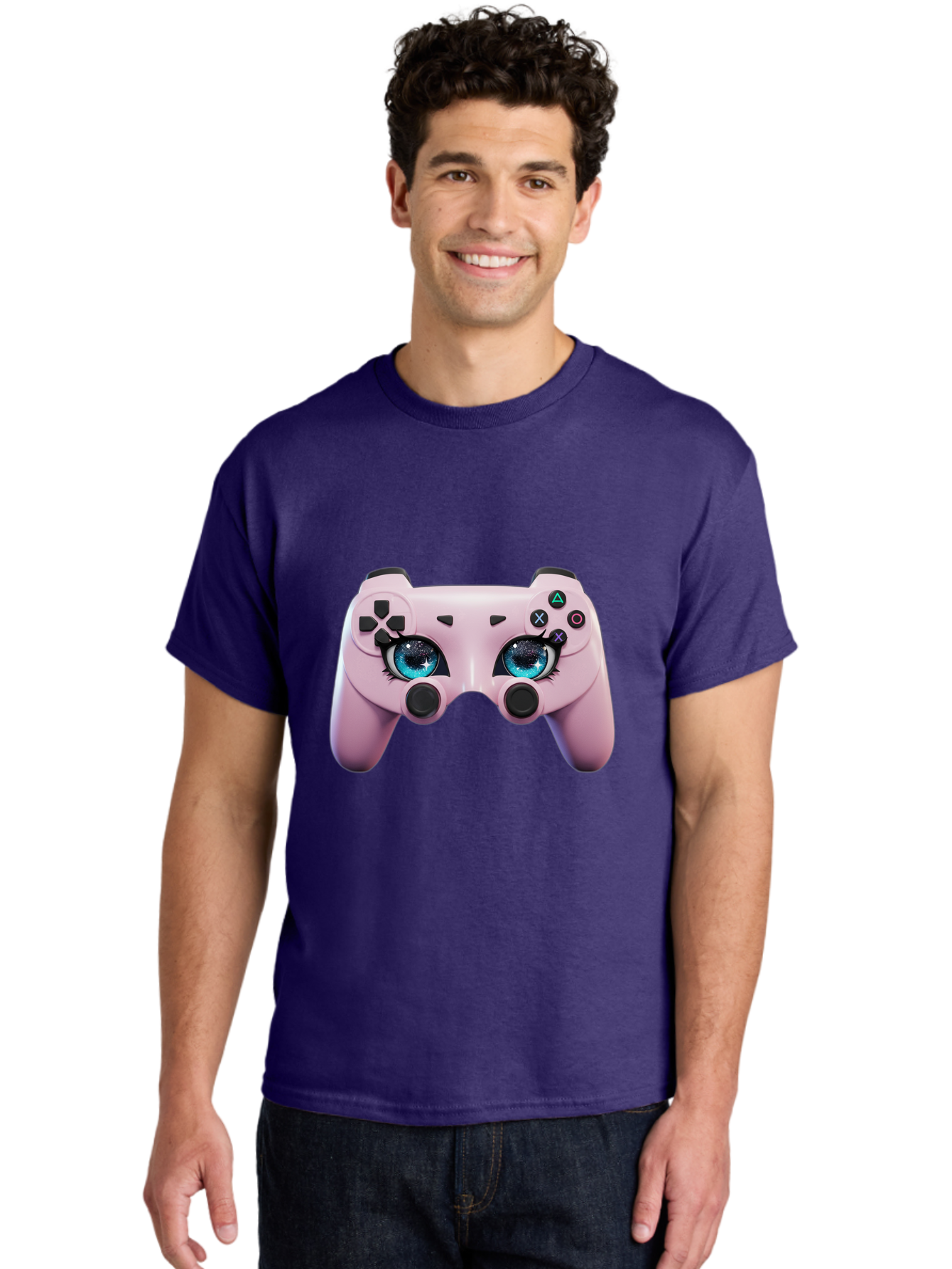 Ps4-Controller Men'S Graphic Tee, 100% Cotton, Comfortable Casual Summer Wear, Machine Washable, Pastel Pink Controller, Kawaii Gaming, Blue Eyes, Eyelashes, Ps4, Gaming, Kawaii Art, Pastel Colors, Cartoon Style, Video Game Bad455 27