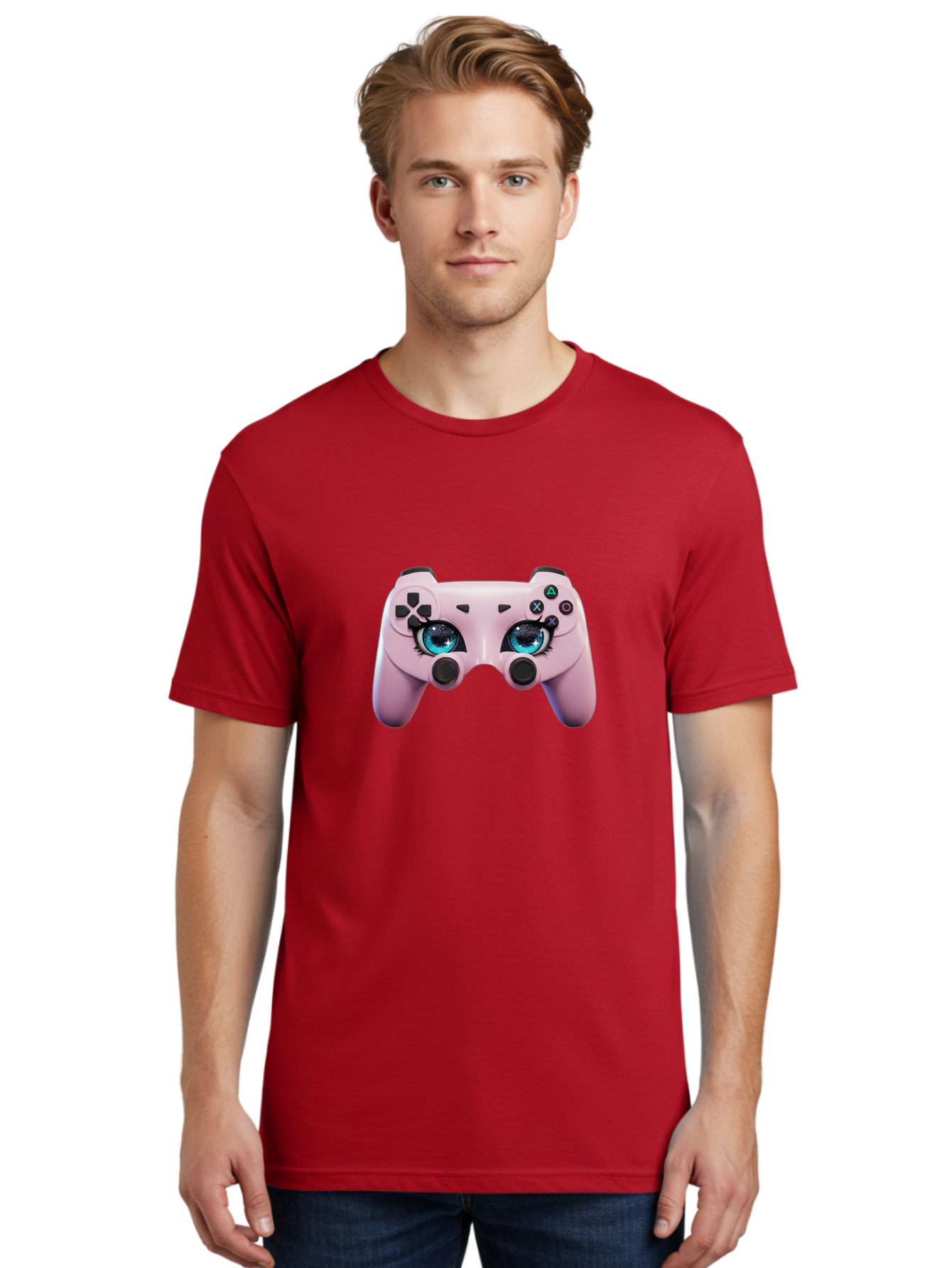Ps4-Controller Men'S Graphic Tee, 100% Cotton, Comfortable Casual Summer Wear, Machine Washable, Pastel Pink Controller, Kawaii Gaming, Blue Eyes, Eyelashes, Ps4, Gaming, Kawaii Art, Pastel Colors, Cartoon Style, Video Game Bad455 18