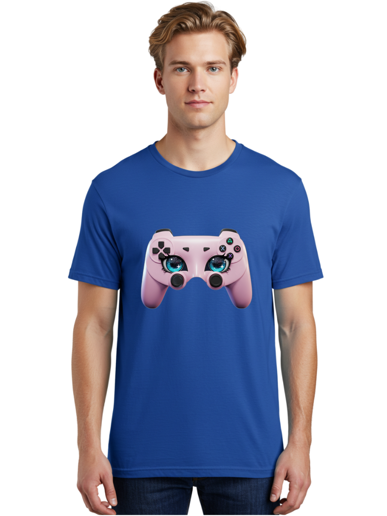 Ps4-Controller Men'S Graphic Tee, 100% Cotton, Comfortable Casual Summer Wear, Machine Washable, Pastel Pink Controller, Kawaii Gaming, Blue Eyes, Eyelashes, Ps4, Gaming, Kawaii Art, Pastel Colors, Cartoon Style, Video Game Bad455 29