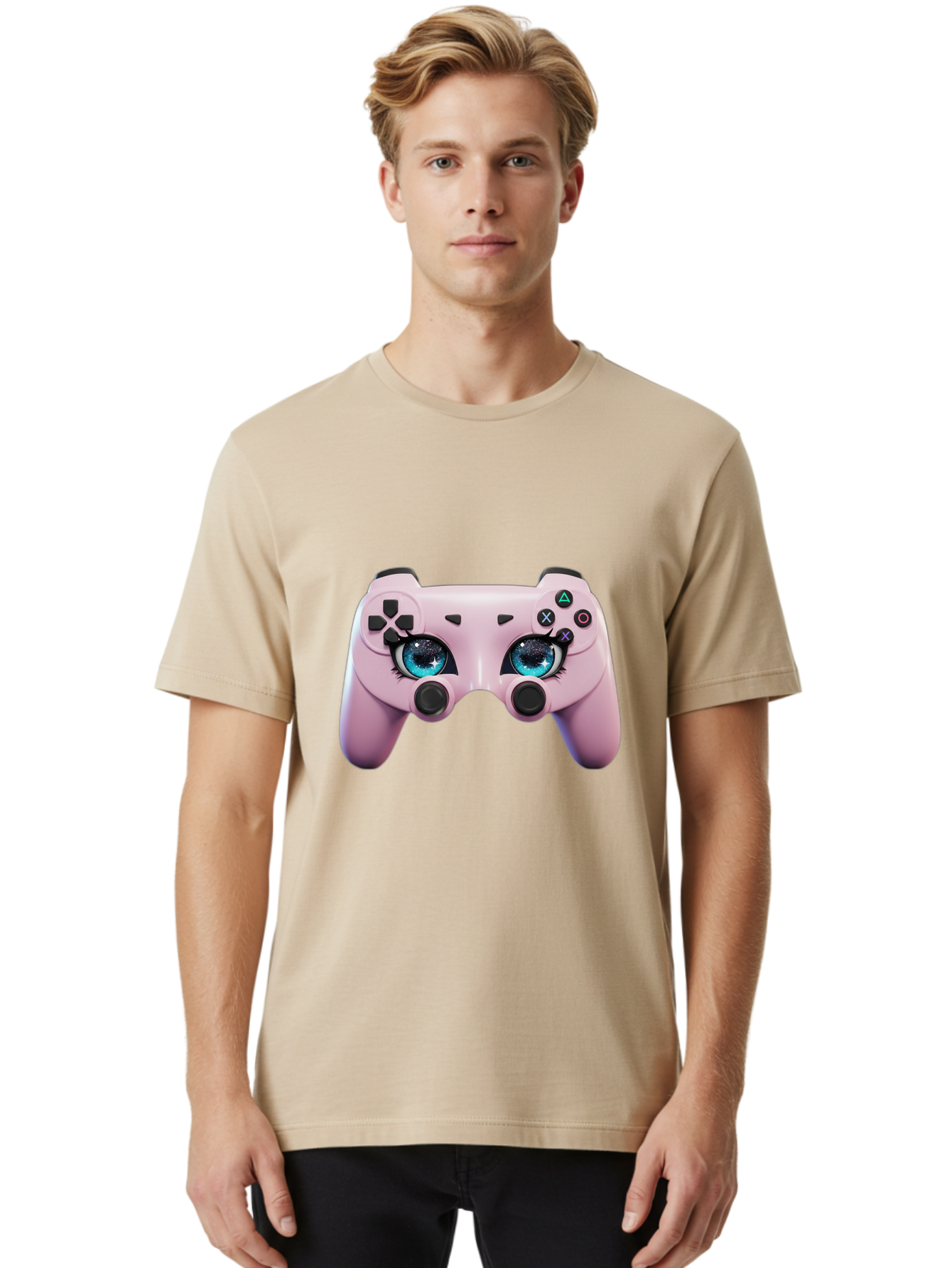 Ps4-Controller Men'S Graphic Tee, 100% Cotton, Comfortable Casual Summer Wear, Machine Washable, Pastel Pink Controller, Kawaii Gaming, Blue Eyes, Eyelashes, Ps4, Gaming, Kawaii Art, Pastel Colors, Cartoon Style, Video Game Bad455 22