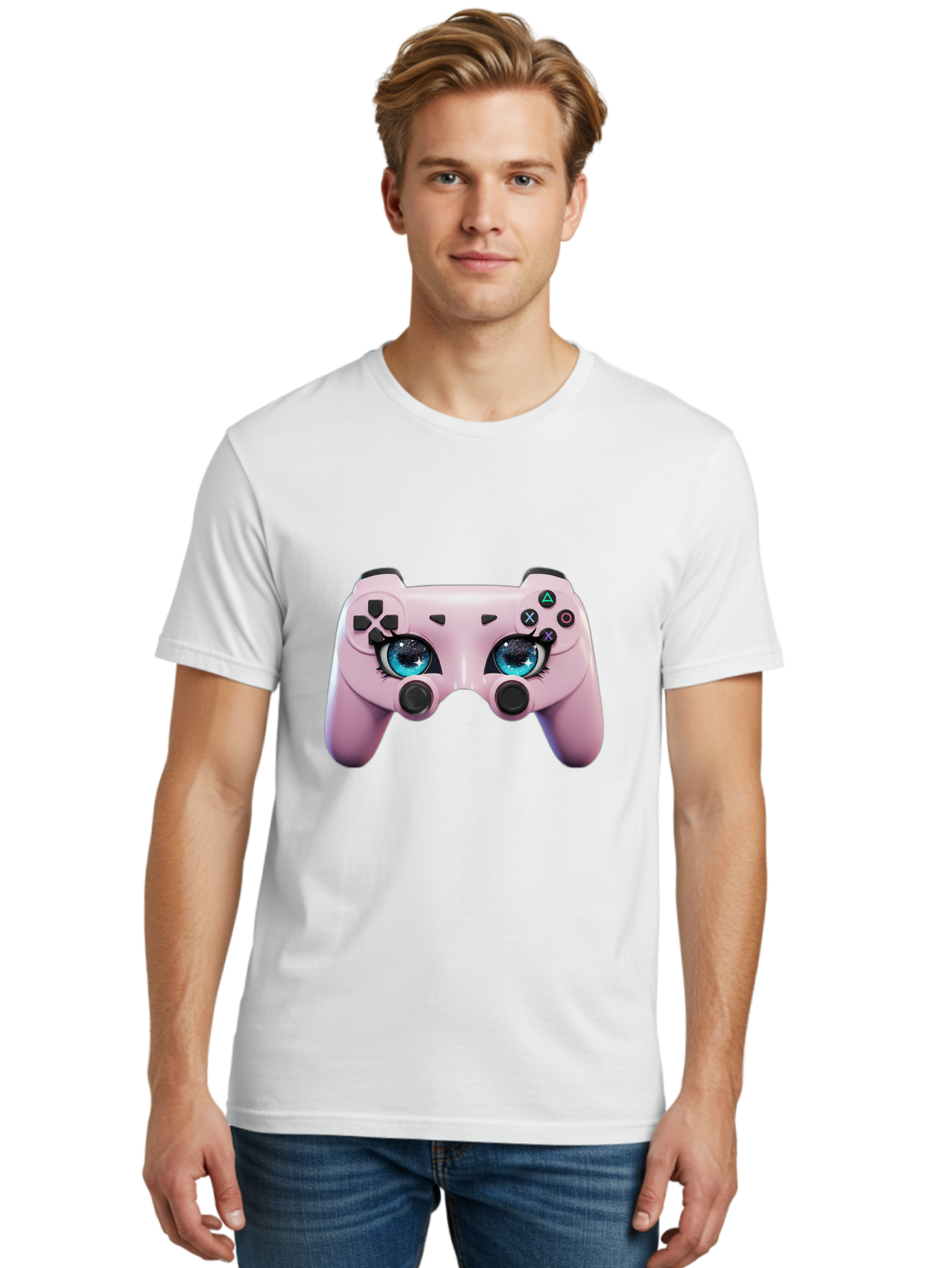 Ps4-Controller Men'S Graphic Tee, 100% Cotton, Comfortable Casual Summer Wear, Machine Washable, Pastel Pink Controller, Kawaii Gaming, Blue Eyes, Eyelashes, Ps4, Gaming, Kawaii Art, Pastel Colors, Cartoon Style, Video Game Bad455 24