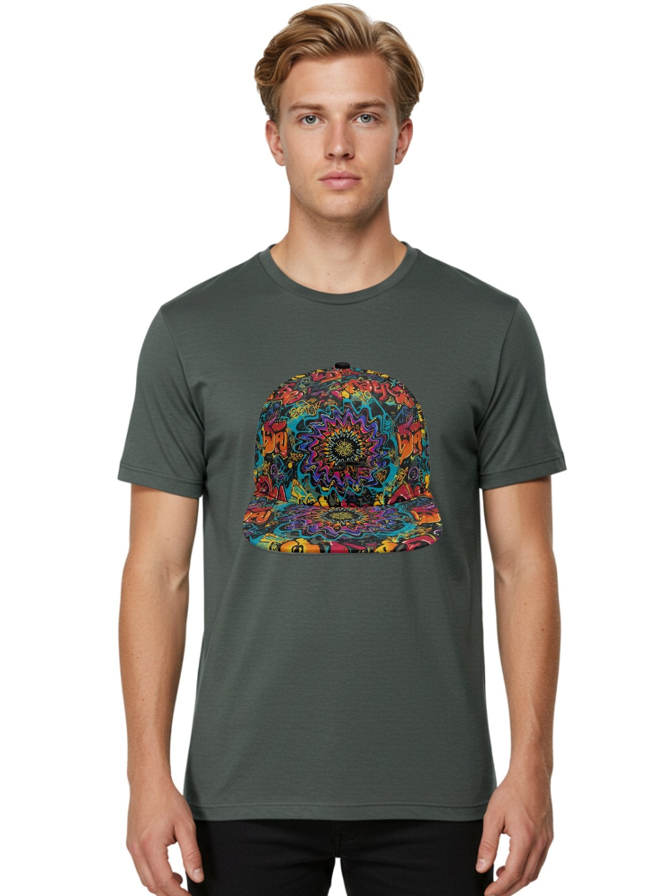 Psychedelic-Snapback Men'S Graphic Tee, 100% Cotton, Comfortable Casual Summer Wear, Machine Washable, Psychedelic Pattern, Colorful Design, Abstract Art, Vibrant Colors, Streetwear Fashion, Hip Hop Style, Casual Wear, Trendy Accessories, Bad456 17