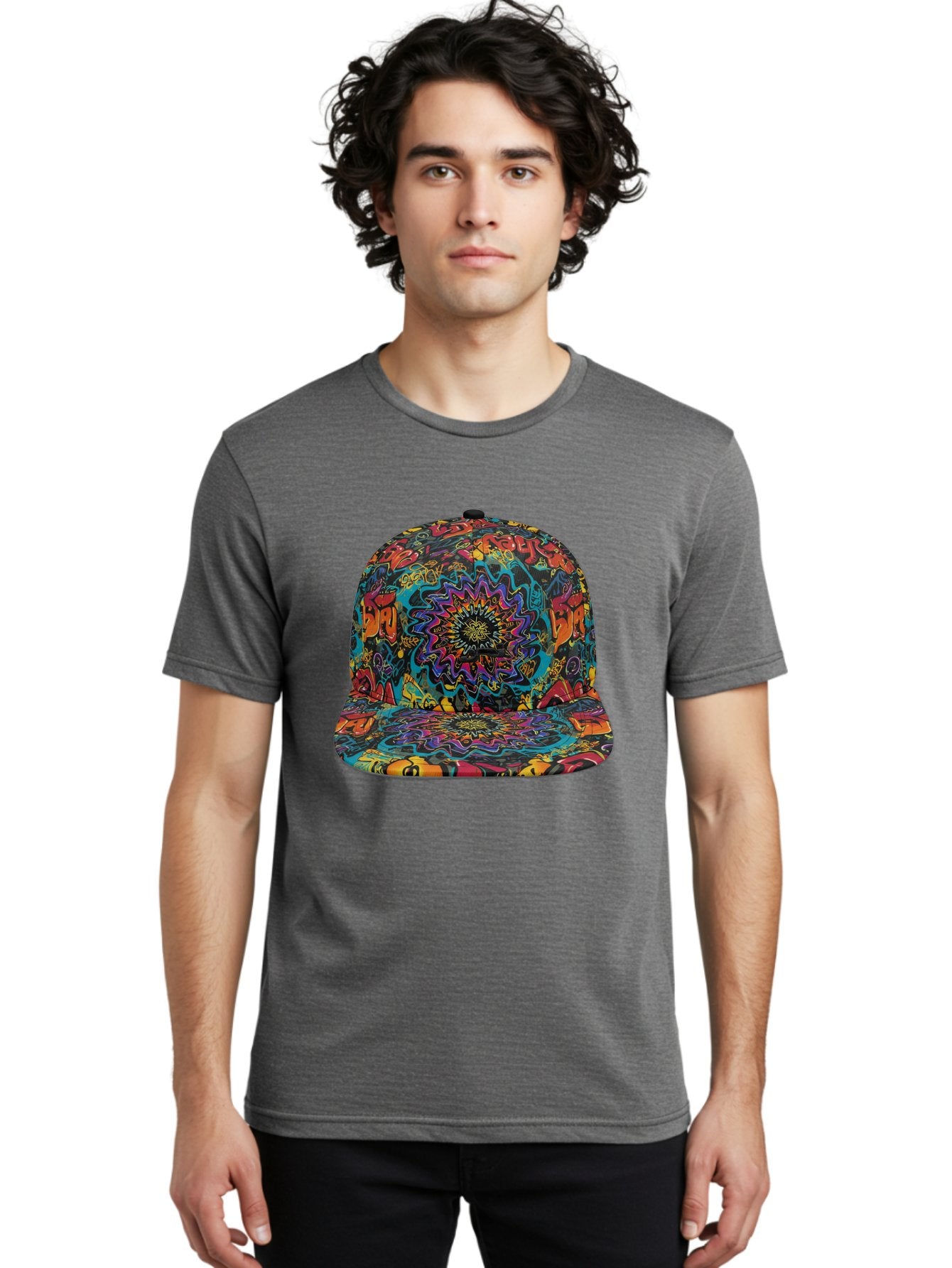 Psychedelic-Snapback Men'S Graphic Tee, 100% Cotton, Comfortable Casual Summer Wear, Machine Washable, Psychedelic Pattern, Colorful Design, Abstract Art, Vibrant Colors, Streetwear Fashion, Hip Hop Style, Casual Wear, Trendy Accessories, Bad456 23