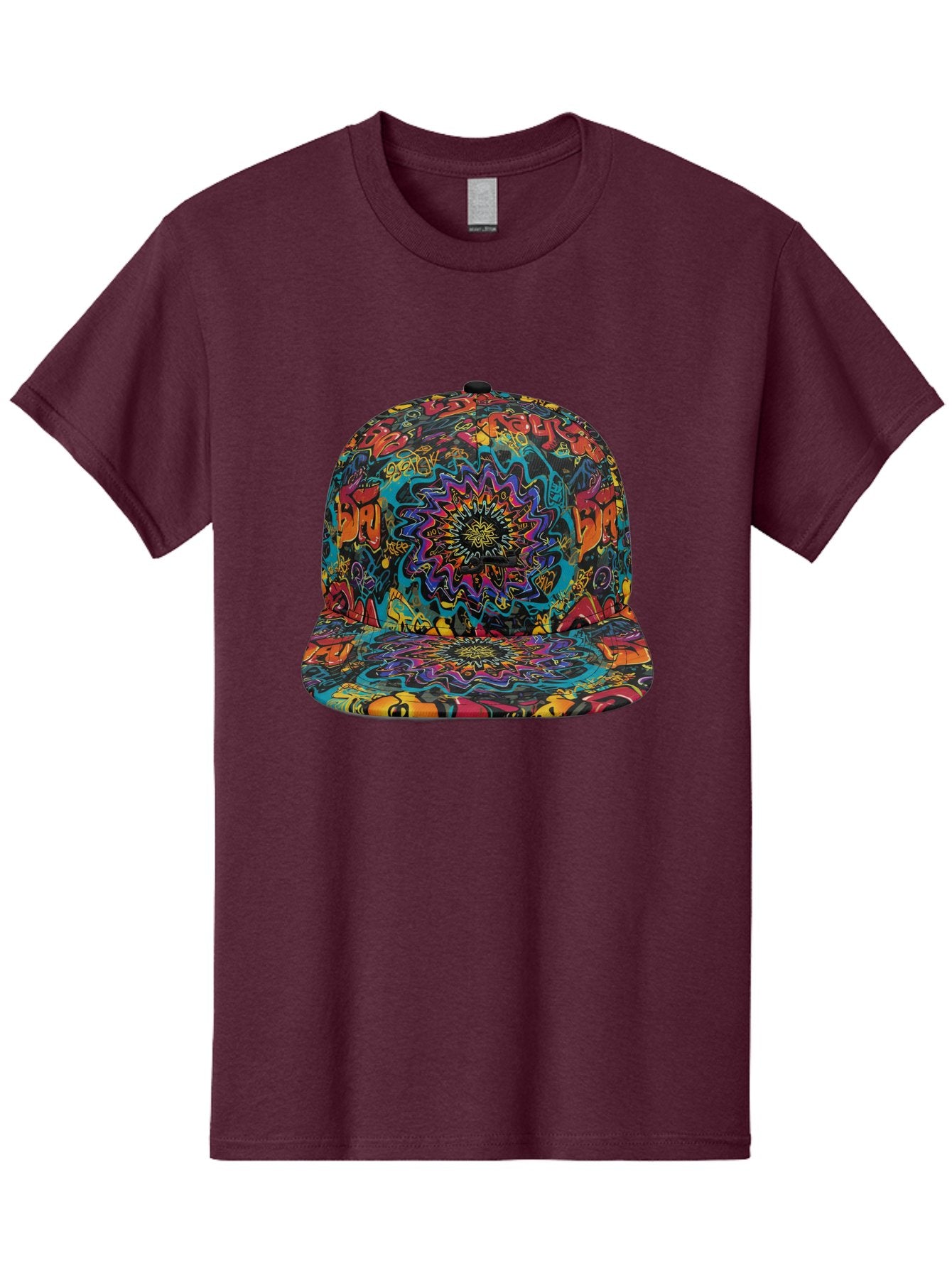 Psychedelic-Snapback Men'S Graphic Tee, 100% Cotton, Comfortable Casual Summer Wear, Machine Washable, Psychedelic Pattern, Colorful Design, Abstract Art, Vibrant Colors, Streetwear Fashion, Hip Hop Style, Casual Wear, Trendy Accessories, Bad456 9