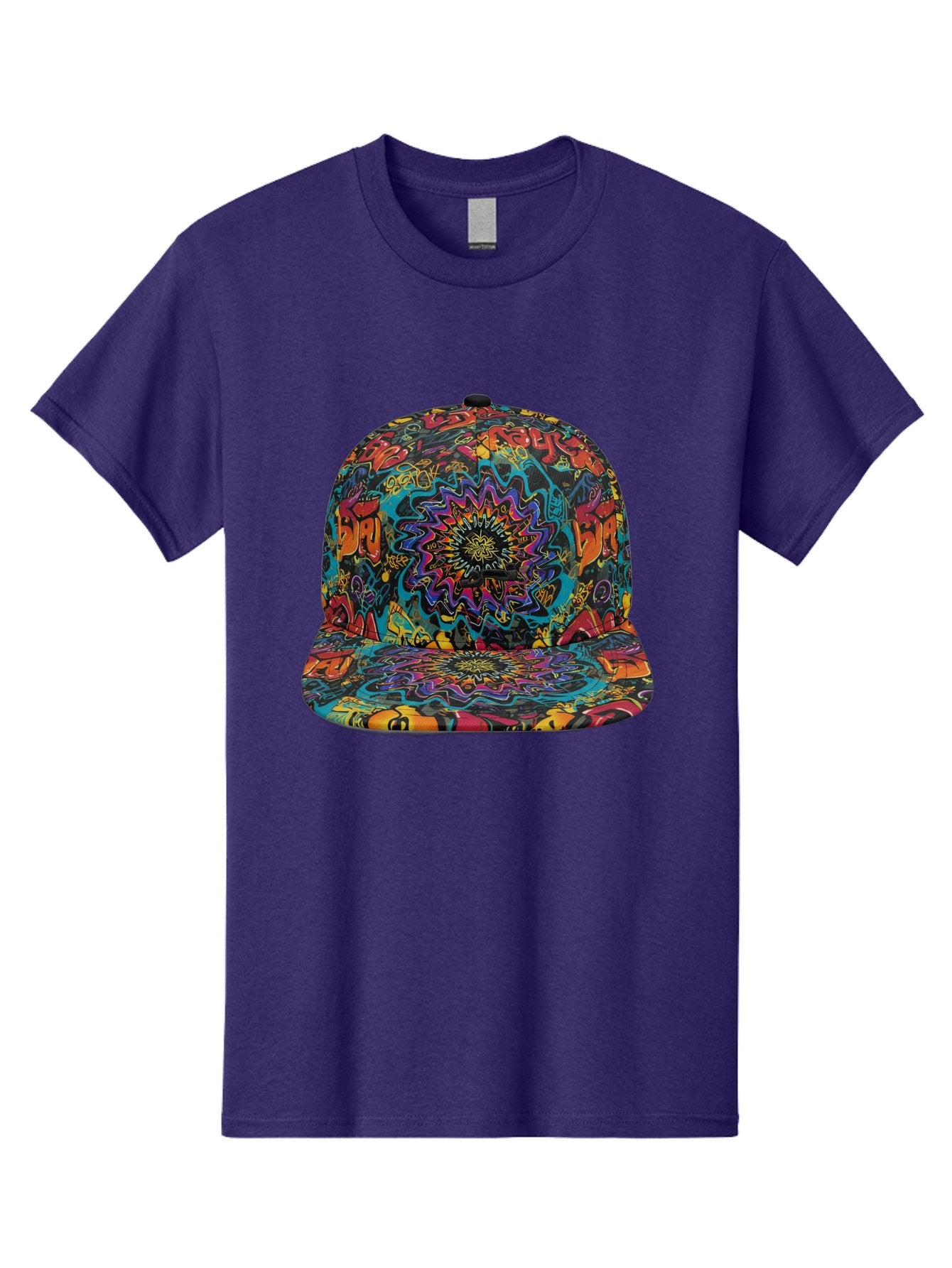 Psychedelic-Snapback Men'S Graphic Tee, 100% Cotton, Comfortable Casual Summer Wear, Machine Washable, Psychedelic Pattern, Colorful Design, Abstract Art, Vibrant Colors, Streetwear Fashion, Hip Hop Style, Casual Wear, Trendy Accessories, Bad456