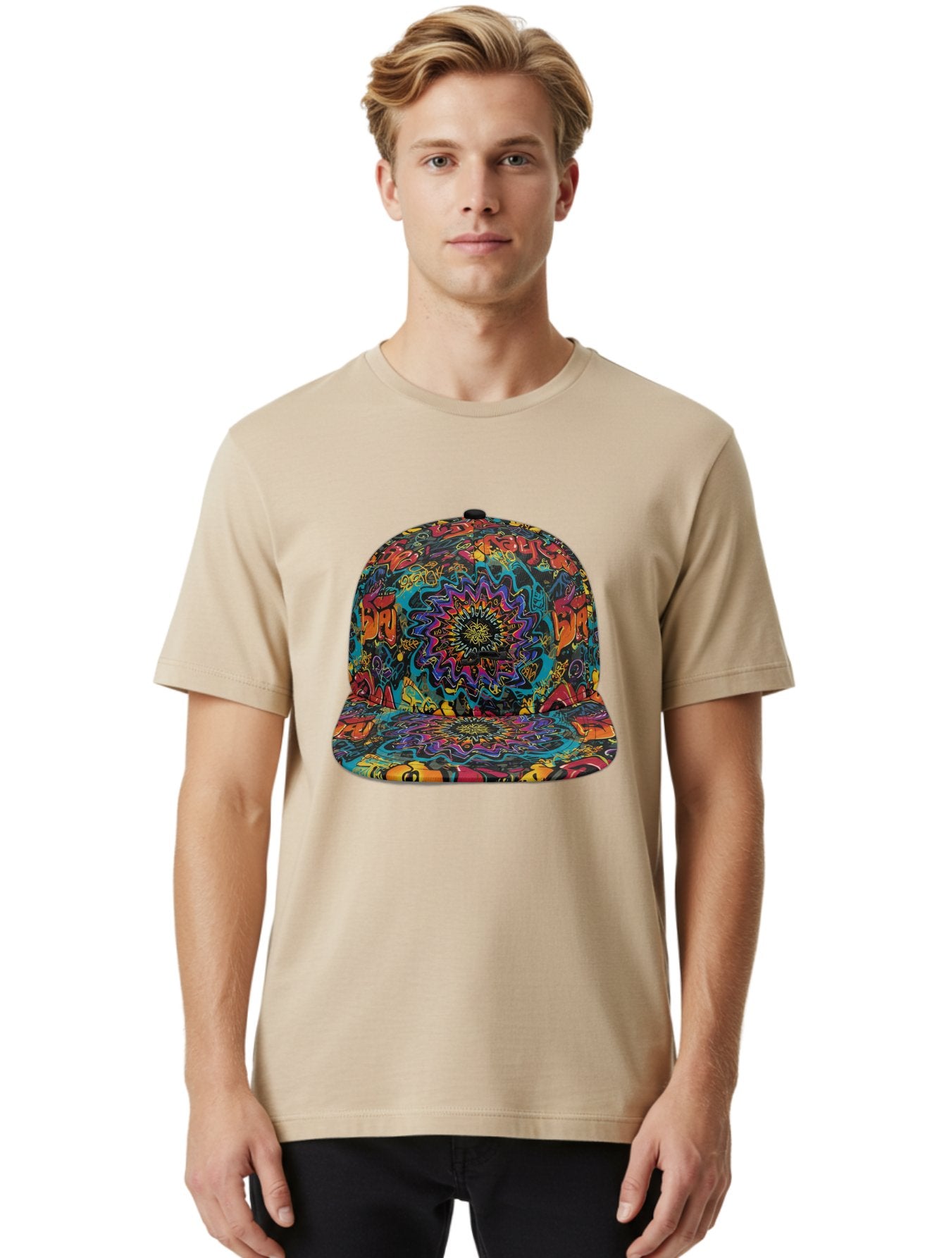 Psychedelic-Snapback Men'S Graphic Tee, 100% Cotton, Comfortable Casual Summer Wear, Machine Washable, Psychedelic Pattern, Colorful Design, Abstract Art, Vibrant Colors, Streetwear Fashion, Hip Hop Style, Casual Wear, Trendy Accessories, Bad456 16