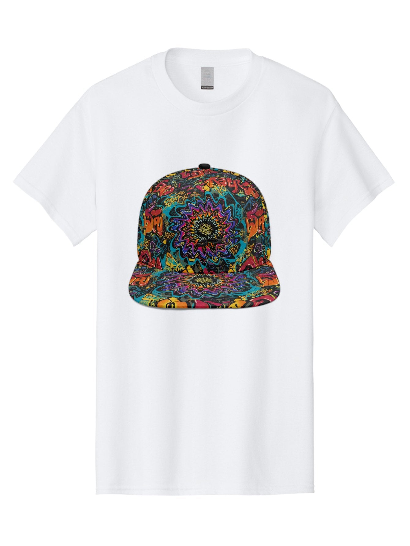 Psychedelic-Snapback Men'S Graphic Tee, 100% Cotton, Comfortable Casual Summer Wear, Machine Washable, Psychedelic Pattern, Colorful Design, Abstract Art, Vibrant Colors, Streetwear Fashion, Hip Hop Style, Casual Wear, Trendy Accessories, Bad456