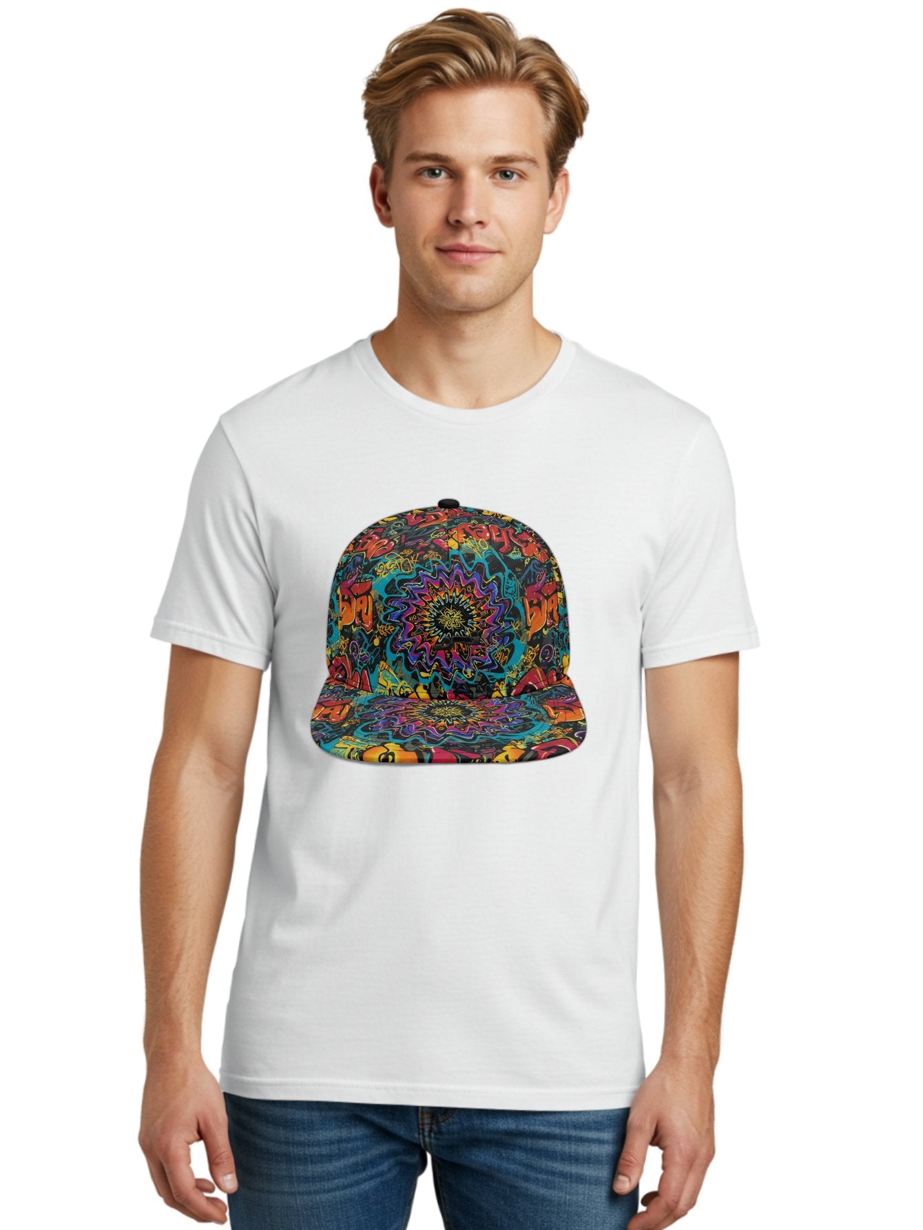 Psychedelic-Snapback Men'S Graphic Tee, 100% Cotton, Comfortable Casual Summer Wear, Machine Washable, Psychedelic Pattern, Colorful Design, Abstract Art, Vibrant Colors, Streetwear Fashion, Hip Hop Style, Casual Wear, Trendy Accessories, Bad456 21