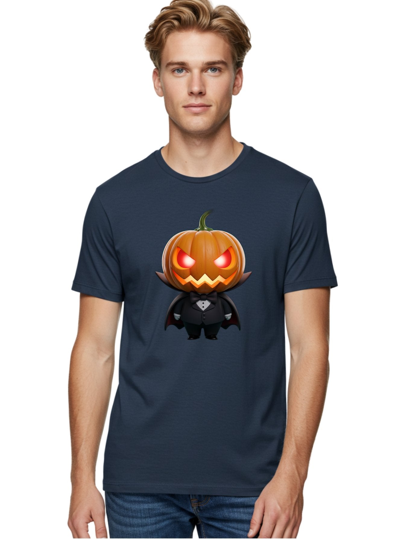 Pumpkinhead-Vampire Men'S Graphic Tee, 100% Cotton, Comfortable Casual Summer Wear, Machine Washable, Jack-O-Lantern, Vampire, Halloween, Pumpkin, Cartoon Character, Tuxedo, Horror Theme, Spooky, Funny, Costume Bad457 19