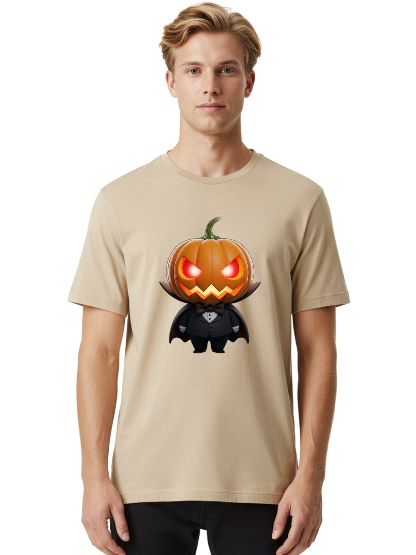 Pumpkinhead-Vampire Men'S Graphic Tee, 100% Cotton, Comfortable Casual Summer Wear, Machine Washable, Jack-O-Lantern, Vampire, Halloween, Pumpkin, Cartoon Character, Tuxedo, Horror Theme, Spooky, Funny, Costume Bad457 21