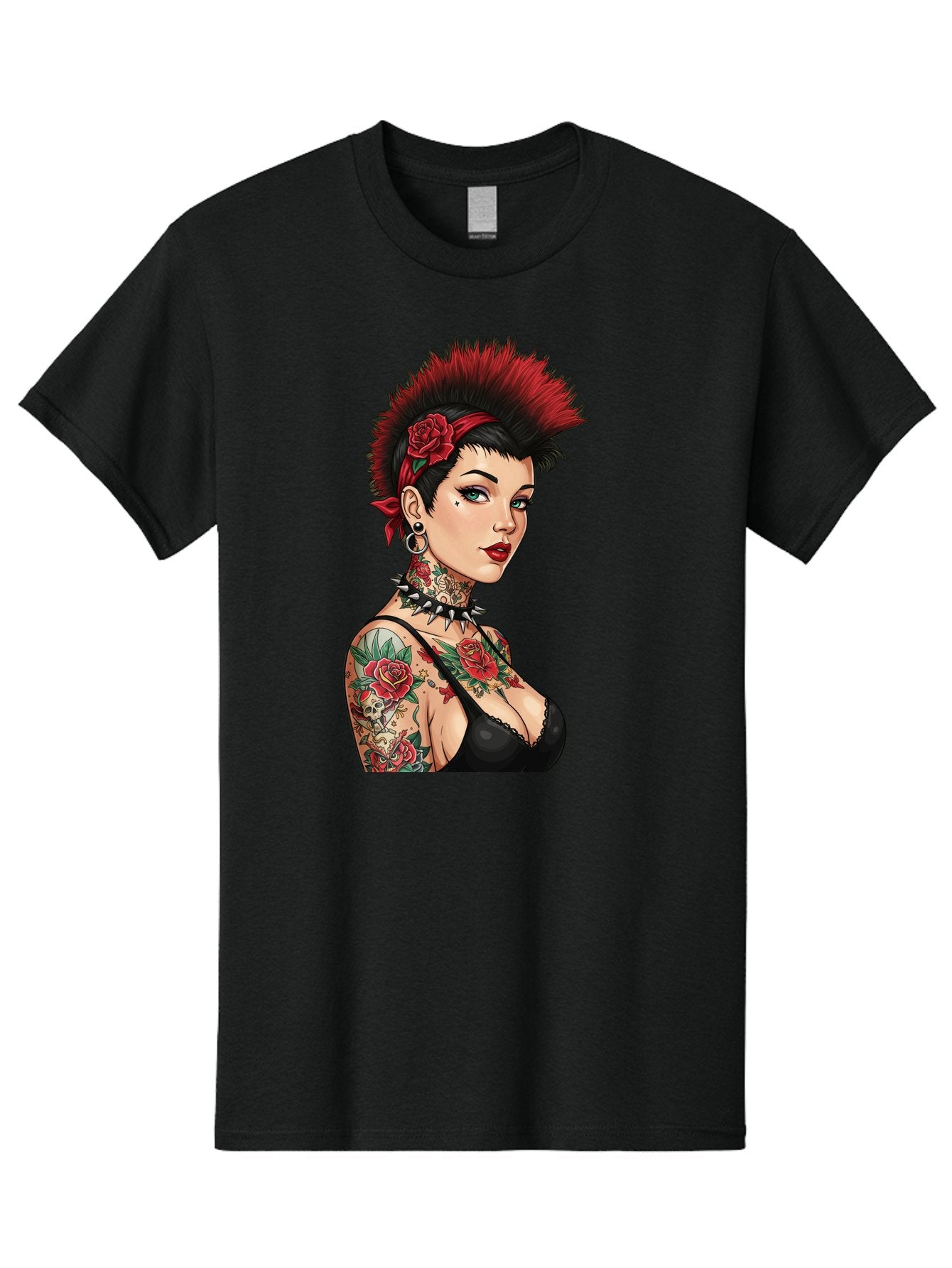 Punk-Rock-Girl Men'S Graphic Tee, 100% Cotton, Comfortable Casual Summer Wear, Machine Washable, Tattooed Woman, Punk Rock Style, Red Roses, Black Clothing, Spiky Hair, Studded Choker, Alternative Fashion, Edgy Beauty, Bold Makeup, Bad458 8