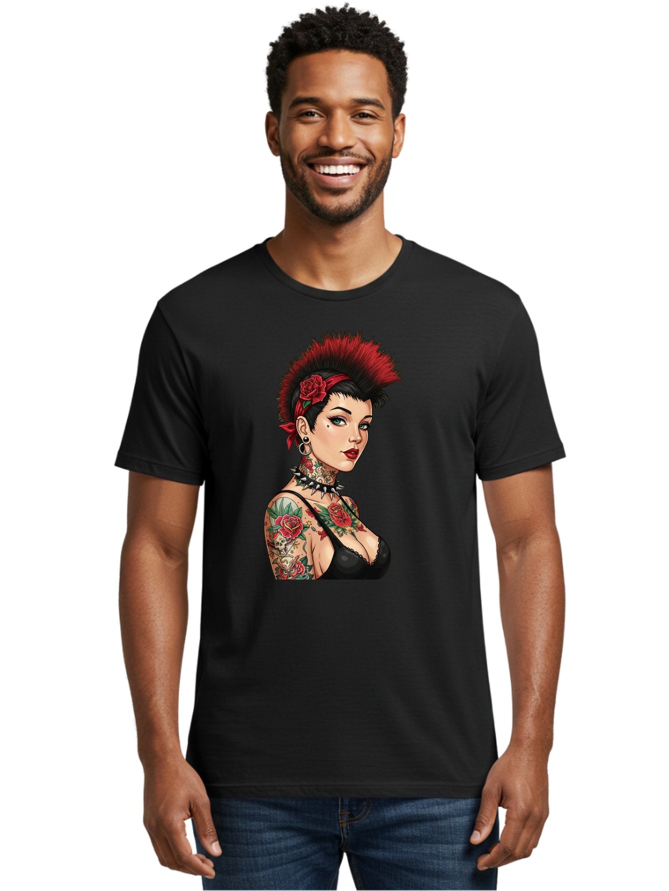 Punk-Rock-Girl Men'S Graphic Tee, 100% Cotton, Comfortable Casual Summer Wear, Machine Washable, Tattooed Woman, Punk Rock Style, Red Roses, Black Clothing, Spiky Hair, Studded Choker, Alternative Fashion, Edgy Beauty, Bold Makeup, Bad458 25