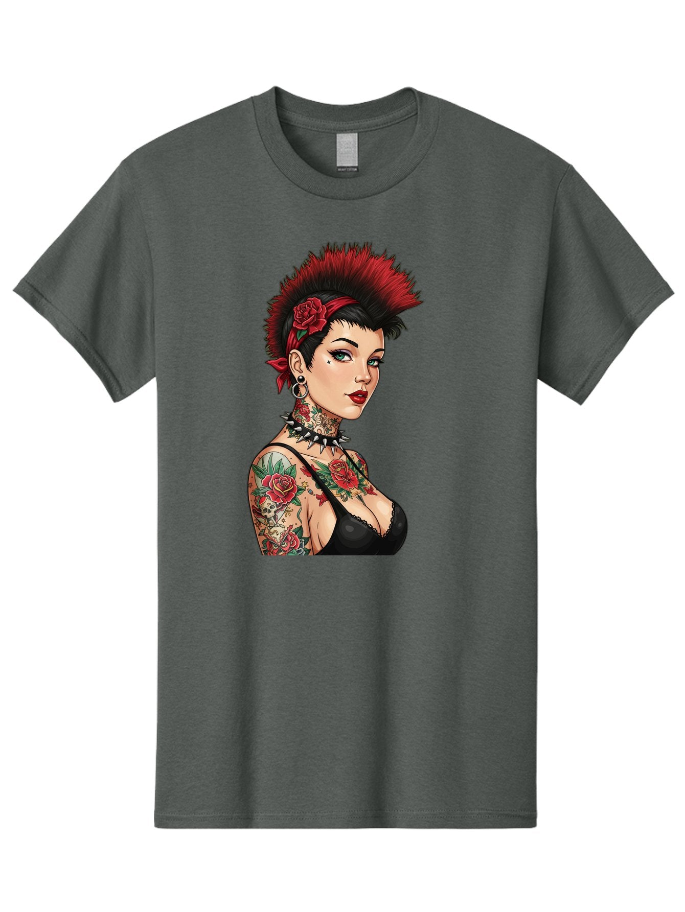 Punk-Rock-Girl Men'S Graphic Tee, 100% Cotton, Comfortable Casual Summer Wear, Machine Washable, Tattooed Woman, Punk Rock Style, Red Roses, Black Clothing, Spiky Hair, Studded Choker, Alternative Fashion, Edgy Beauty, Bold Makeup, Bad458 12