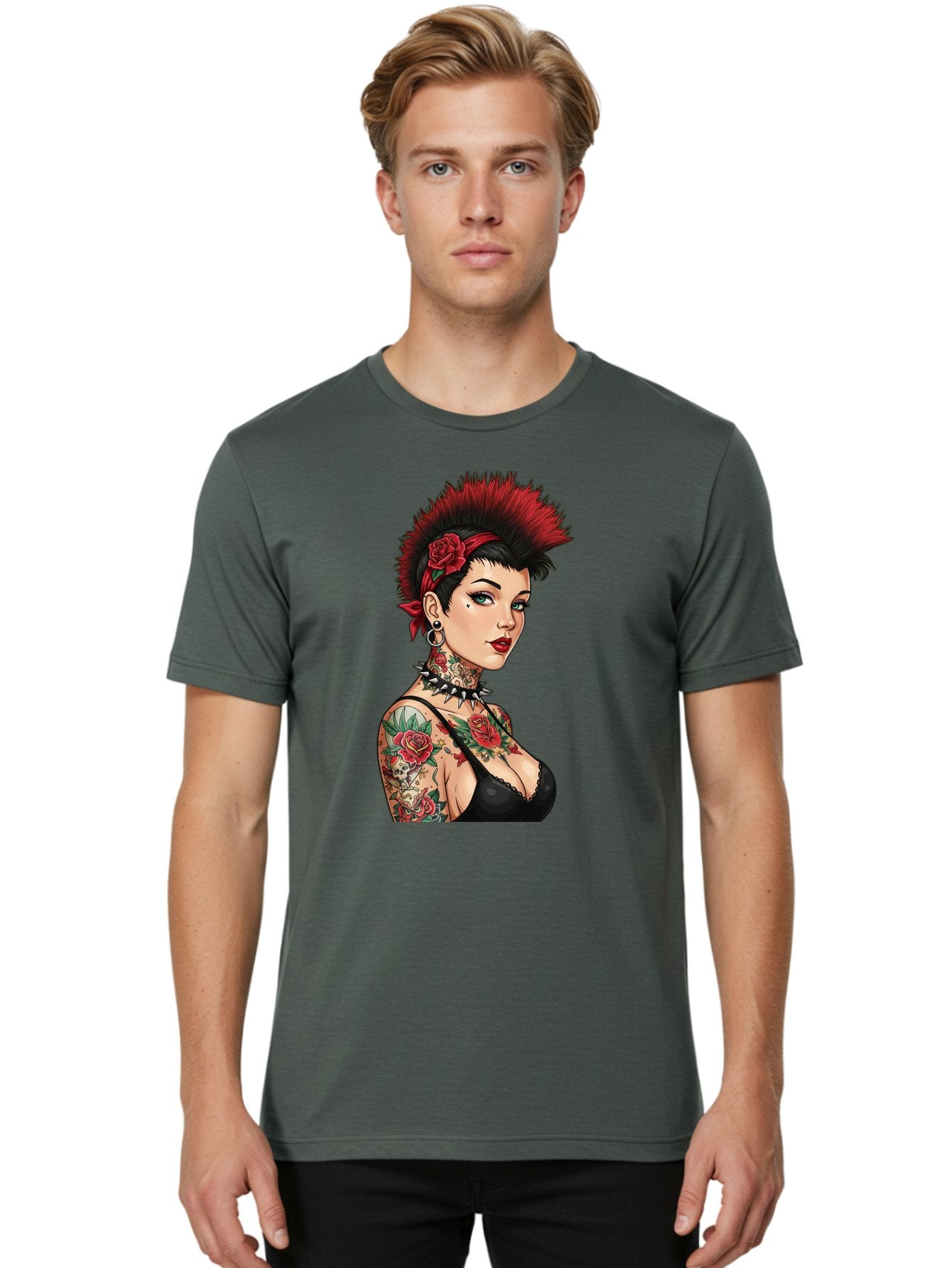 Punk-Rock-Girl Men'S Graphic Tee, 100% Cotton, Comfortable Casual Summer Wear, Machine Washable, Tattooed Woman, Punk Rock Style, Red Roses, Black Clothing, Spiky Hair, Studded Choker, Alternative Fashion, Edgy Beauty, Bold Makeup, Bad458 28