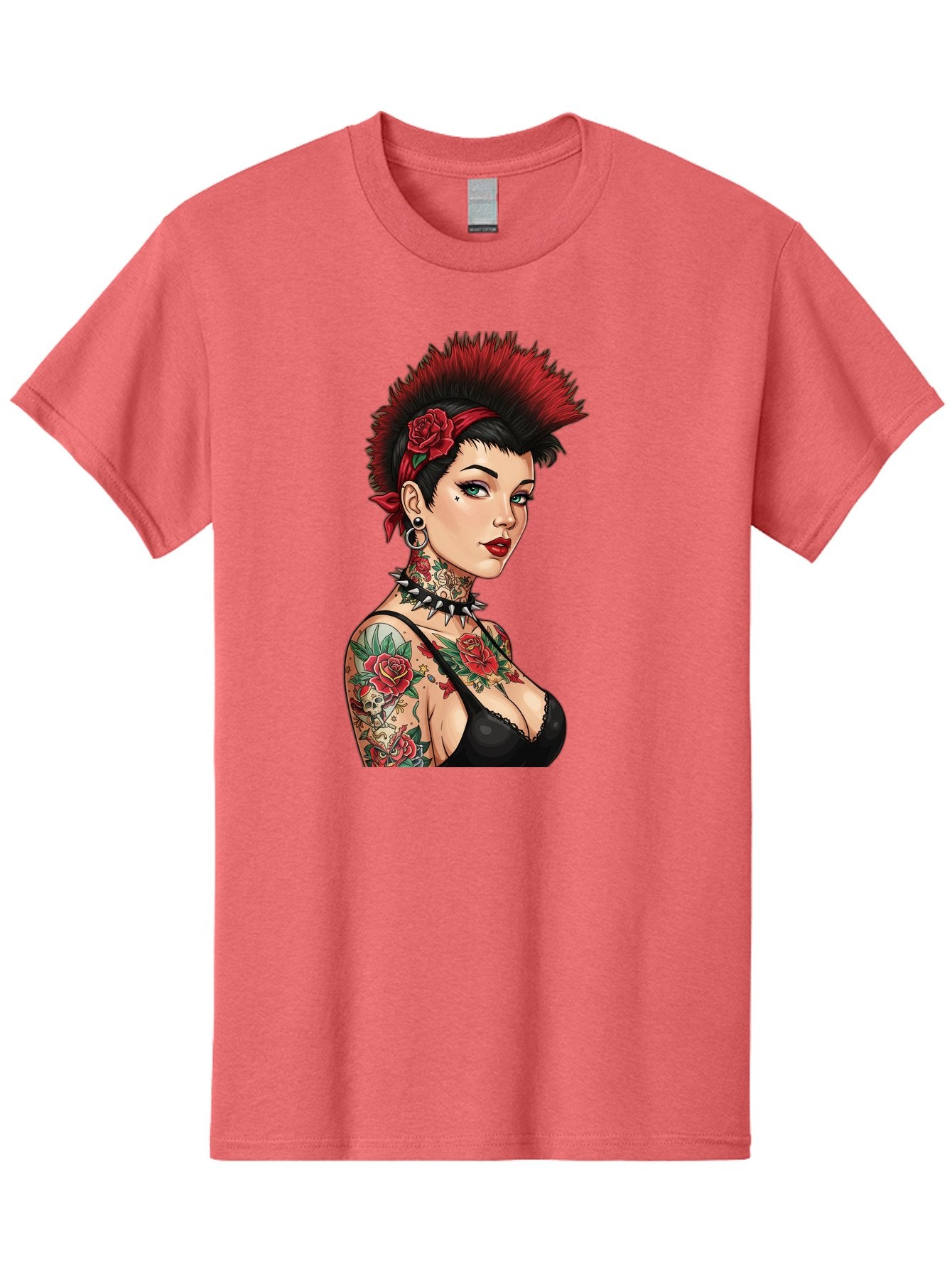 Punk-Rock-Girl Men'S Graphic Tee, 100% Cotton, Comfortable Casual Summer Wear, Machine Washable, Tattooed Woman, Punk Rock Style, Red Roses, Black Clothing, Spiky Hair, Studded Choker, Alternative Fashion, Edgy Beauty, Bold Makeup, Bad458 4