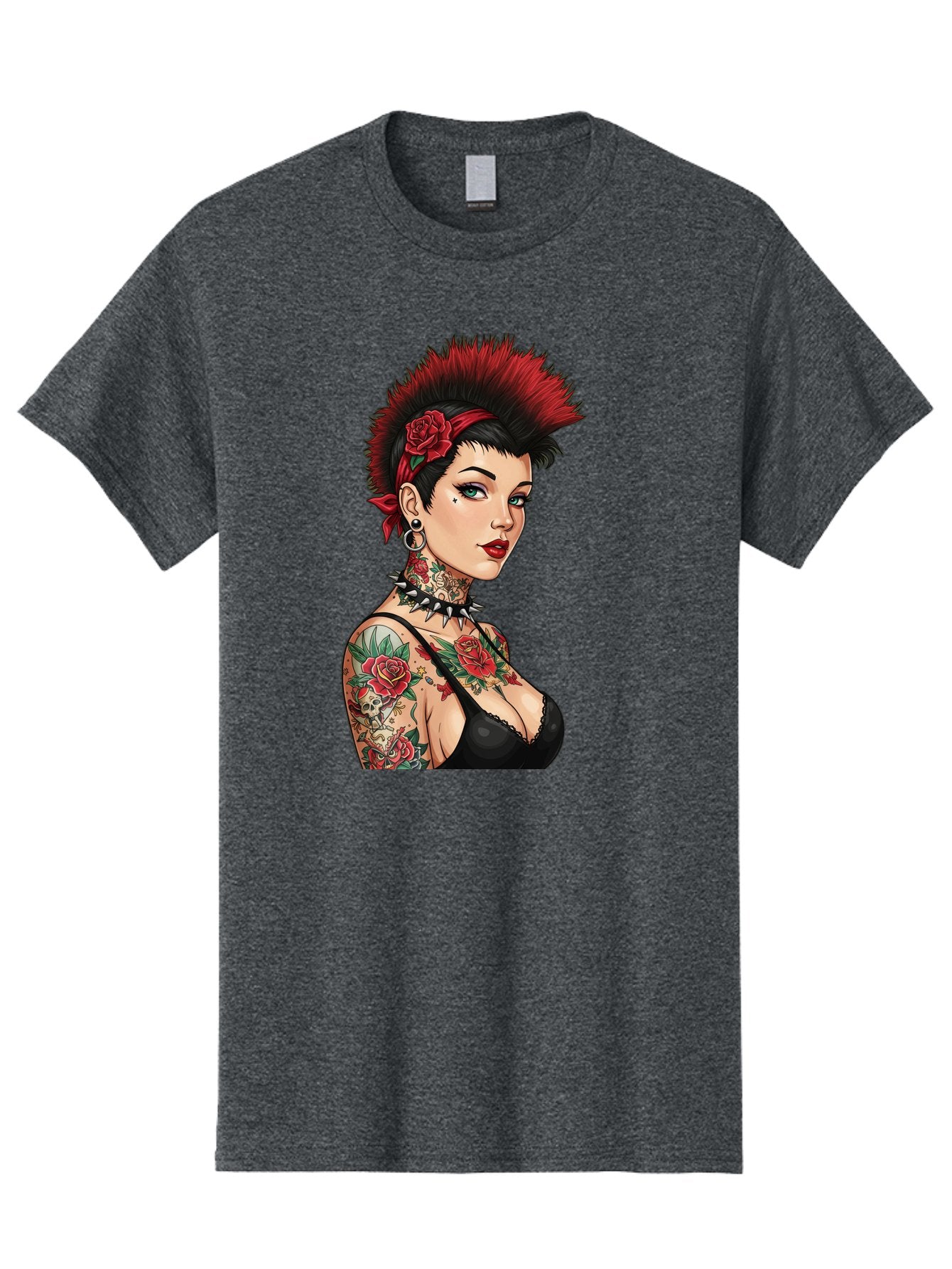 Punk-Rock-Girl Men'S Graphic Tee, 100% Cotton, Comfortable Casual Summer Wear, Machine Washable, Tattooed Woman, Punk Rock Style, Red Roses, Black Clothing, Spiky Hair, Studded Choker, Alternative Fashion, Edgy Beauty, Bold Makeup, Bad458 10
