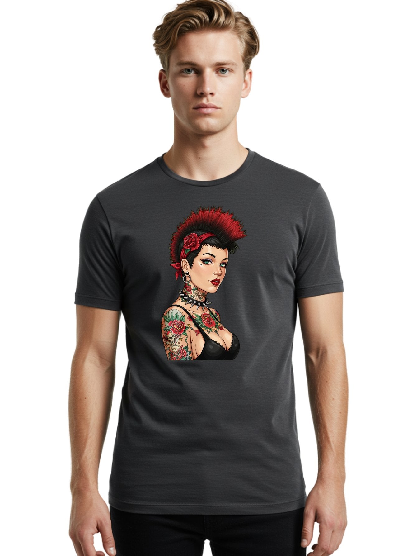 Punk-Rock-Girl Men'S Graphic Tee, 100% Cotton, Comfortable Casual Summer Wear, Machine Washable, Tattooed Woman, Punk Rock Style, Red Roses, Black Clothing, Spiky Hair, Studded Choker, Alternative Fashion, Edgy Beauty, Bold Makeup, Bad458 17