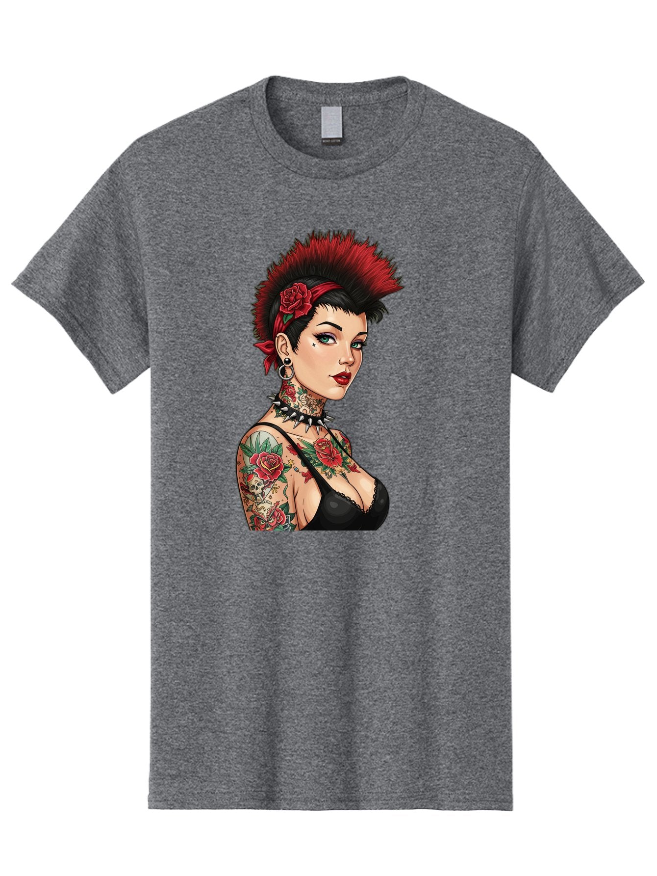 Punk-Rock-Girl Men'S Graphic Tee, 100% Cotton, Comfortable Casual Summer Wear, Machine Washable, Tattooed Woman, Punk Rock Style, Red Roses, Black Clothing, Spiky Hair, Studded Choker, Alternative Fashion, Edgy Beauty, Bold Makeup, Bad458