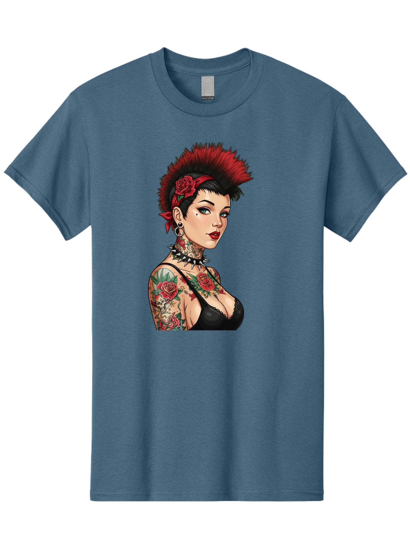 Punk-Rock-Girl Men'S Graphic Tee, 100% Cotton, Comfortable Casual Summer Wear, Machine Washable, Tattooed Woman, Punk Rock Style, Red Roses, Black Clothing, Spiky Hair, Studded Choker, Alternative Fashion, Edgy Beauty, Bold Makeup, Bad458
