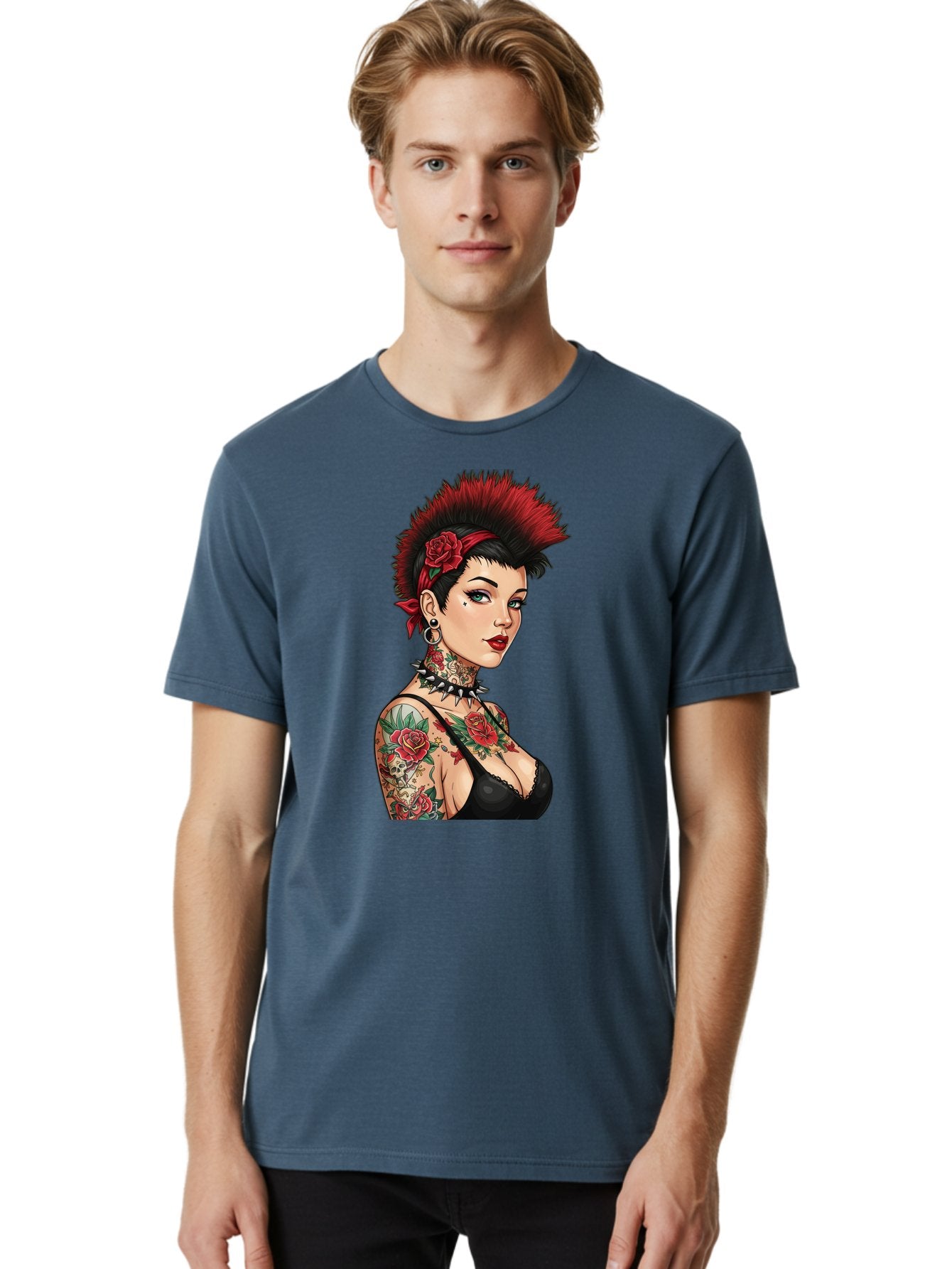 Punk-Rock-Girl Men'S Graphic Tee, 100% Cotton, Comfortable Casual Summer Wear, Machine Washable, Tattooed Woman, Punk Rock Style, Red Roses, Black Clothing, Spiky Hair, Studded Choker, Alternative Fashion, Edgy Beauty, Bold Makeup, Bad458 21