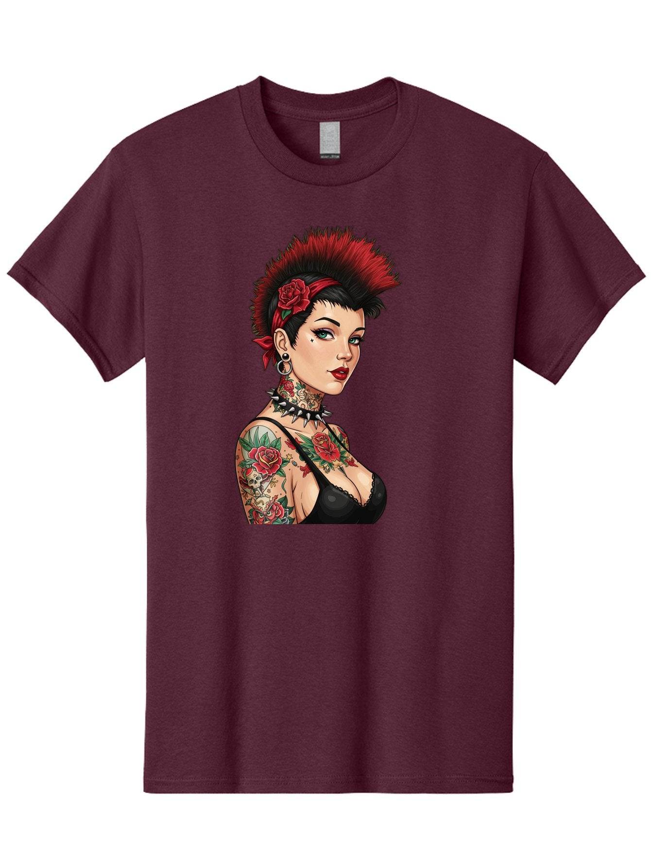 Punk-Rock-Girl Men'S Graphic Tee, 100% Cotton, Comfortable Casual Summer Wear, Machine Washable, Tattooed Woman, Punk Rock Style, Red Roses, Black Clothing, Spiky Hair, Studded Choker, Alternative Fashion, Edgy Beauty, Bold Makeup, Bad458 15