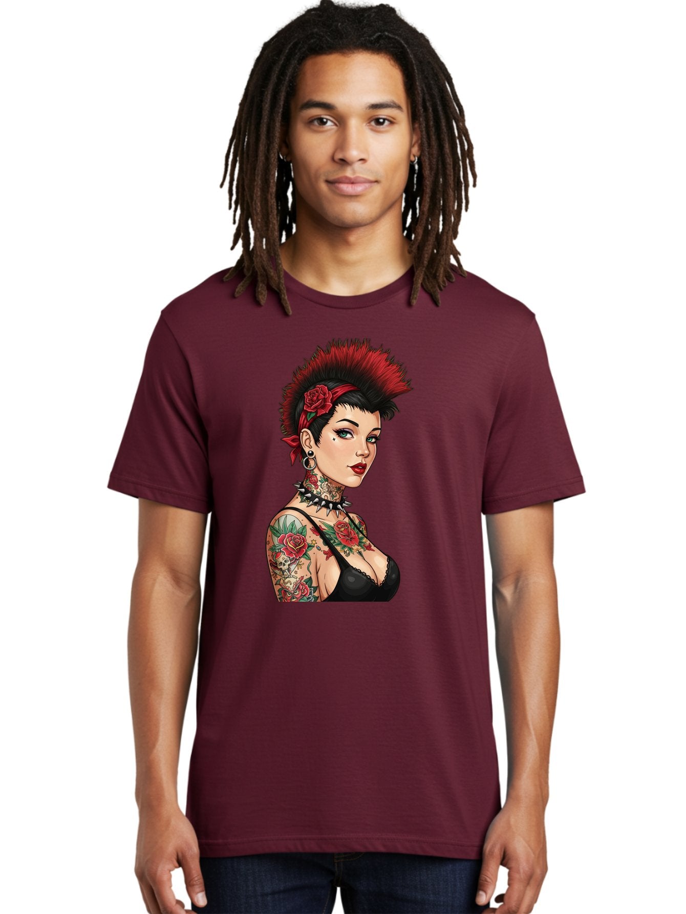 Punk-Rock-Girl Men'S Graphic Tee, 100% Cotton, Comfortable Casual Summer Wear, Machine Washable, Tattooed Woman, Punk Rock Style, Red Roses, Black Clothing, Spiky Hair, Studded Choker, Alternative Fashion, Edgy Beauty, Bold Makeup, Bad458 30