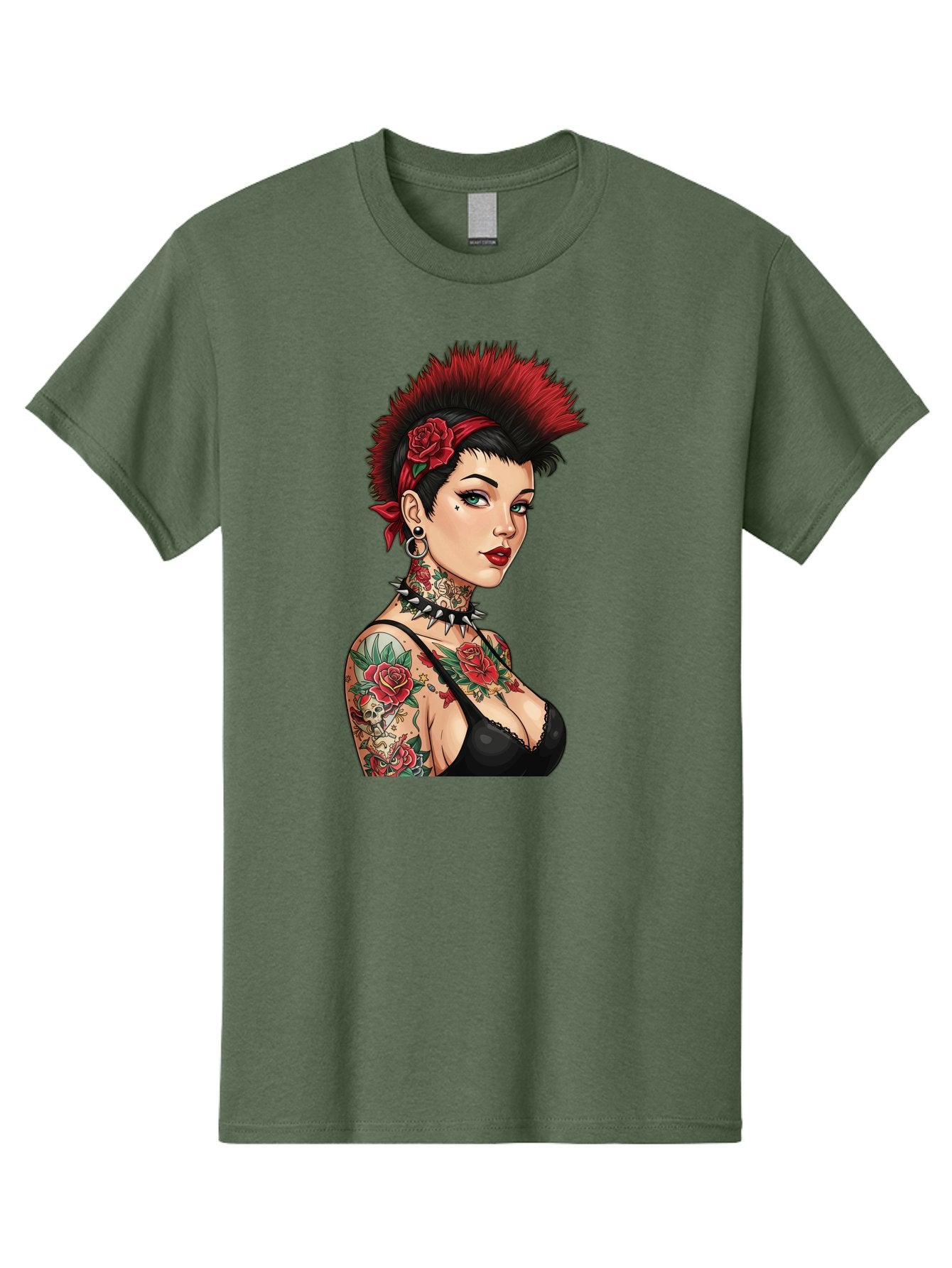 Punk-Rock-Girl Men'S Graphic Tee, 100% Cotton, Comfortable Casual Summer Wear, Machine Washable, Tattooed Woman, Punk Rock Style, Red Roses, Black Clothing, Spiky Hair, Studded Choker, Alternative Fashion, Edgy Beauty, Bold Makeup, Bad458 11
