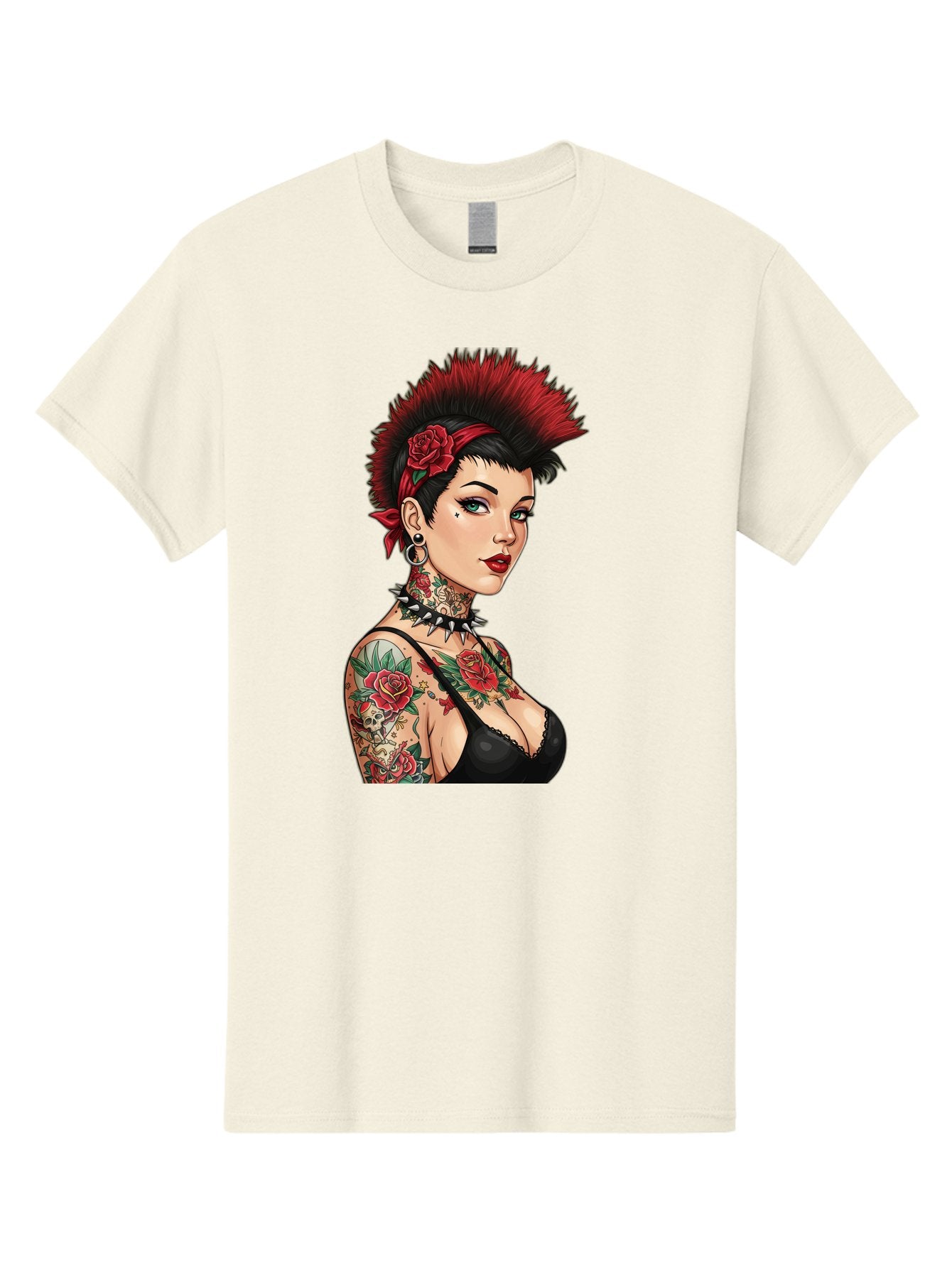 Punk-Rock-Girl Men'S Graphic Tee, 100% Cotton, Comfortable Casual Summer Wear, Machine Washable, Tattooed Woman, Punk Rock Style, Red Roses, Black Clothing, Spiky Hair, Studded Choker, Alternative Fashion, Edgy Beauty, Bold Makeup, Bad458 6