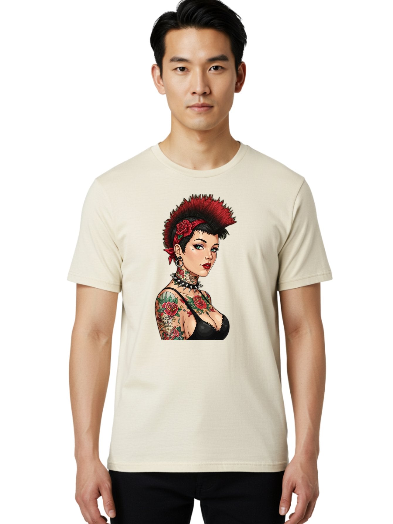 Punk-Rock-Girl Men'S Graphic Tee, 100% Cotton, Comfortable Casual Summer Wear, Machine Washable, Tattooed Woman, Punk Rock Style, Red Roses, Black Clothing, Spiky Hair, Studded Choker, Alternative Fashion, Edgy Beauty, Bold Makeup, Bad458 24