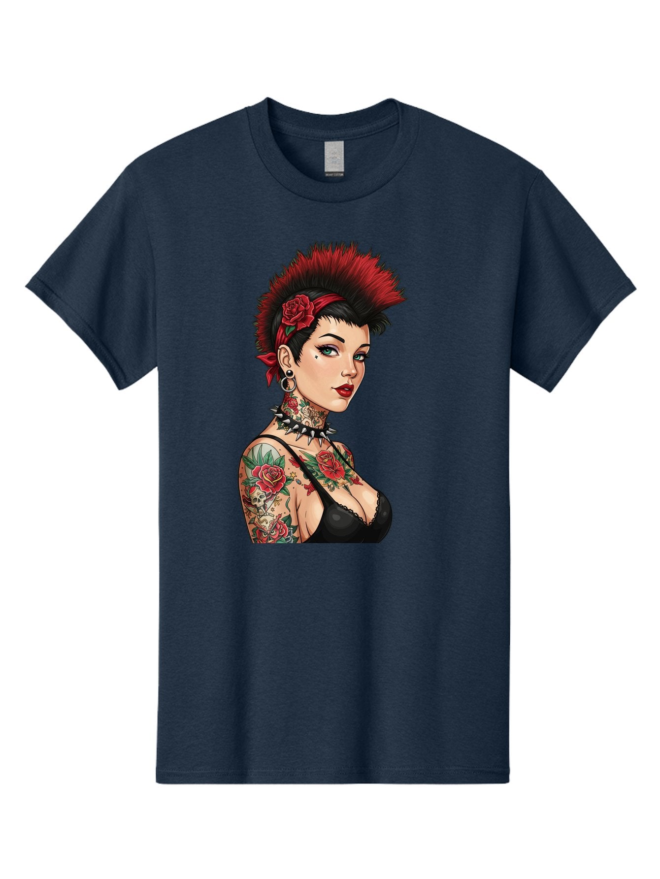 Punk-Rock-Girl Men'S Graphic Tee, 100% Cotton, Comfortable Casual Summer Wear, Machine Washable, Tattooed Woman, Punk Rock Style, Red Roses, Black Clothing, Spiky Hair, Studded Choker, Alternative Fashion, Edgy Beauty, Bold Makeup, Bad458 5