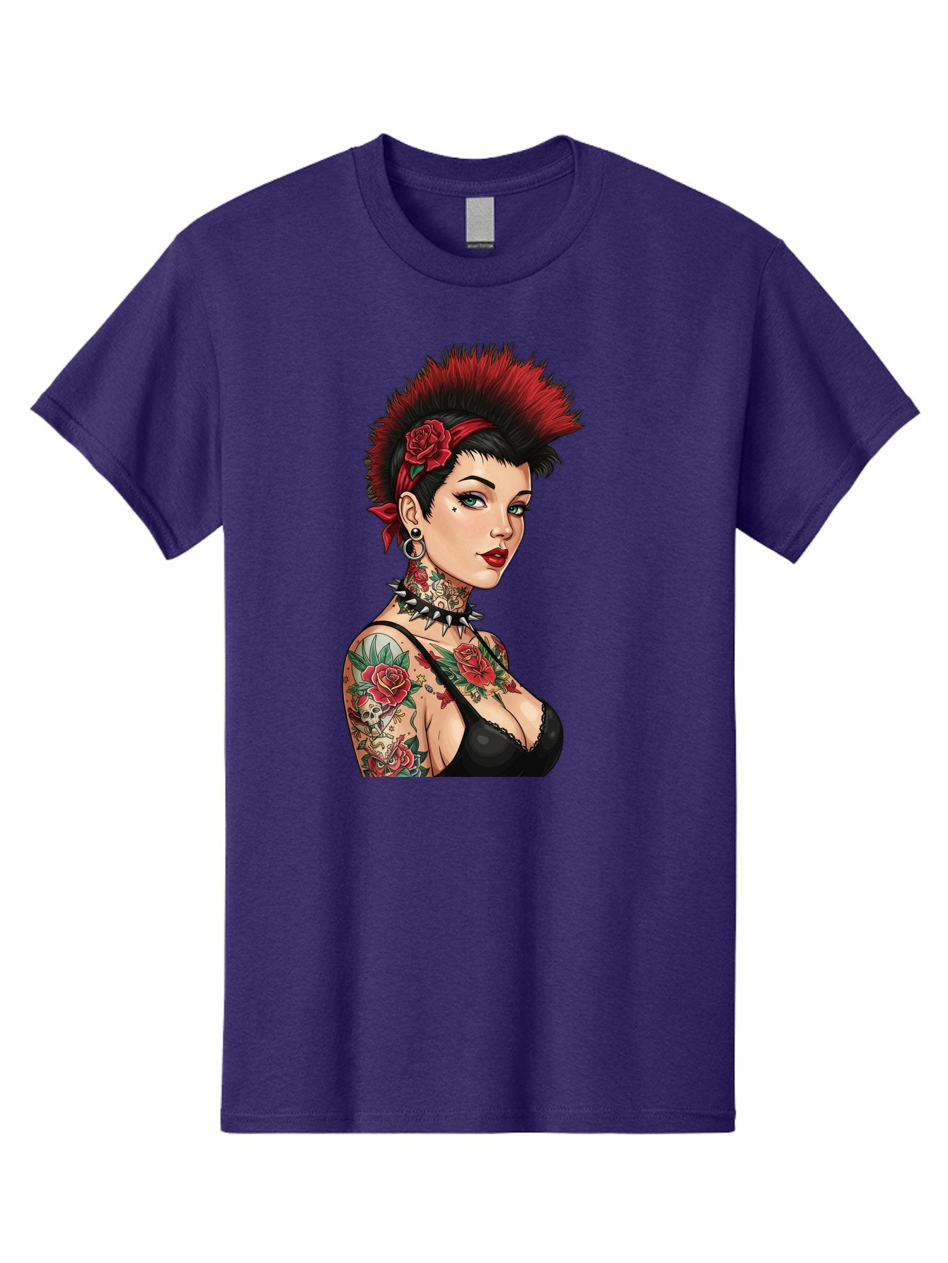 Punk-Rock-Girl Men'S Graphic Tee, 100% Cotton, Comfortable Casual Summer Wear, Machine Washable, Tattooed Woman, Punk Rock Style, Red Roses, Black Clothing, Spiky Hair, Studded Choker, Alternative Fashion, Edgy Beauty, Bold Makeup, Bad458 13