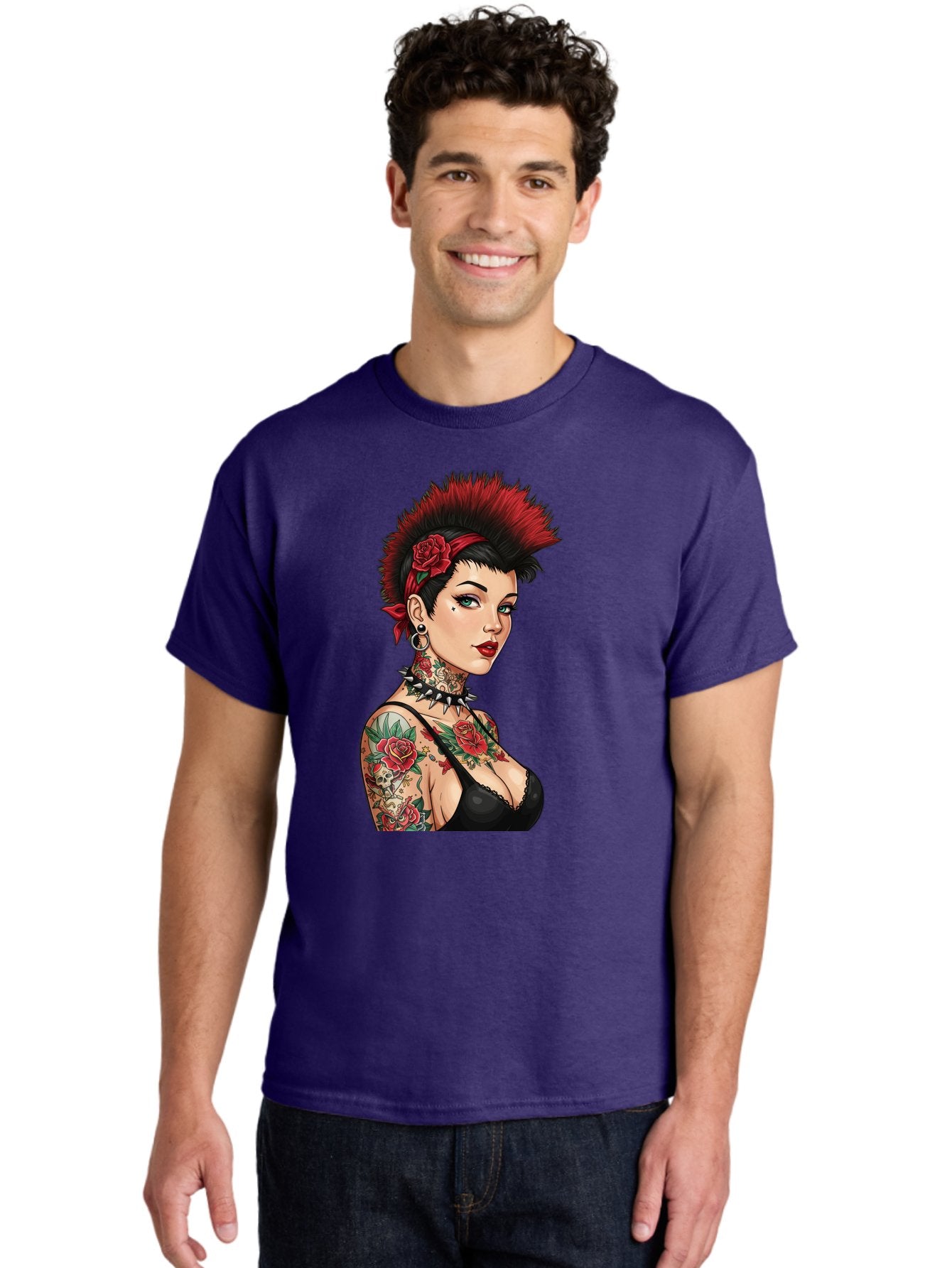 Punk-Rock-Girl Men'S Graphic Tee, 100% Cotton, Comfortable Casual Summer Wear, Machine Washable, Tattooed Woman, Punk Rock Style, Red Roses, Black Clothing, Spiky Hair, Studded Choker, Alternative Fashion, Edgy Beauty, Bold Makeup, Bad458 20