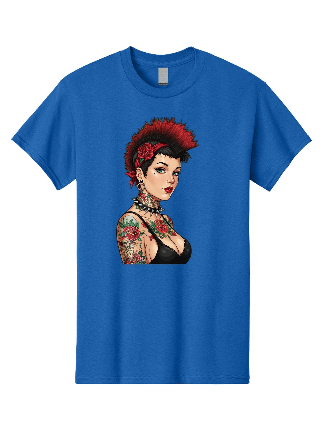 Punk-Rock-Girl Men'S Graphic Tee, 100% Cotton, Comfortable Casual Summer Wear, Machine Washable, Tattooed Woman, Punk Rock Style, Red Roses, Black Clothing, Spiky Hair, Studded Choker, Alternative Fashion, Edgy Beauty, Bold Makeup, Bad458 3