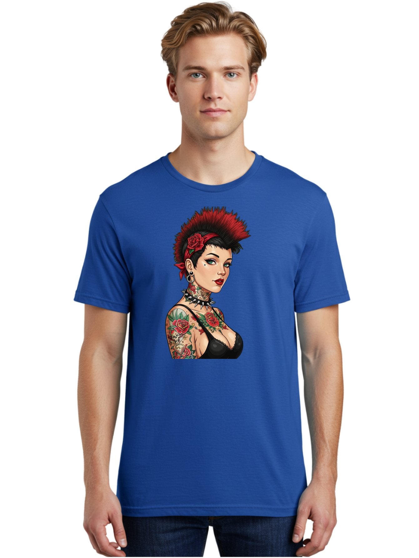 Punk-Rock-Girl Men'S Graphic Tee, 100% Cotton, Comfortable Casual Summer Wear, Machine Washable, Tattooed Woman, Punk Rock Style, Red Roses, Black Clothing, Spiky Hair, Studded Choker, Alternative Fashion, Edgy Beauty, Bold Makeup, Bad458 22