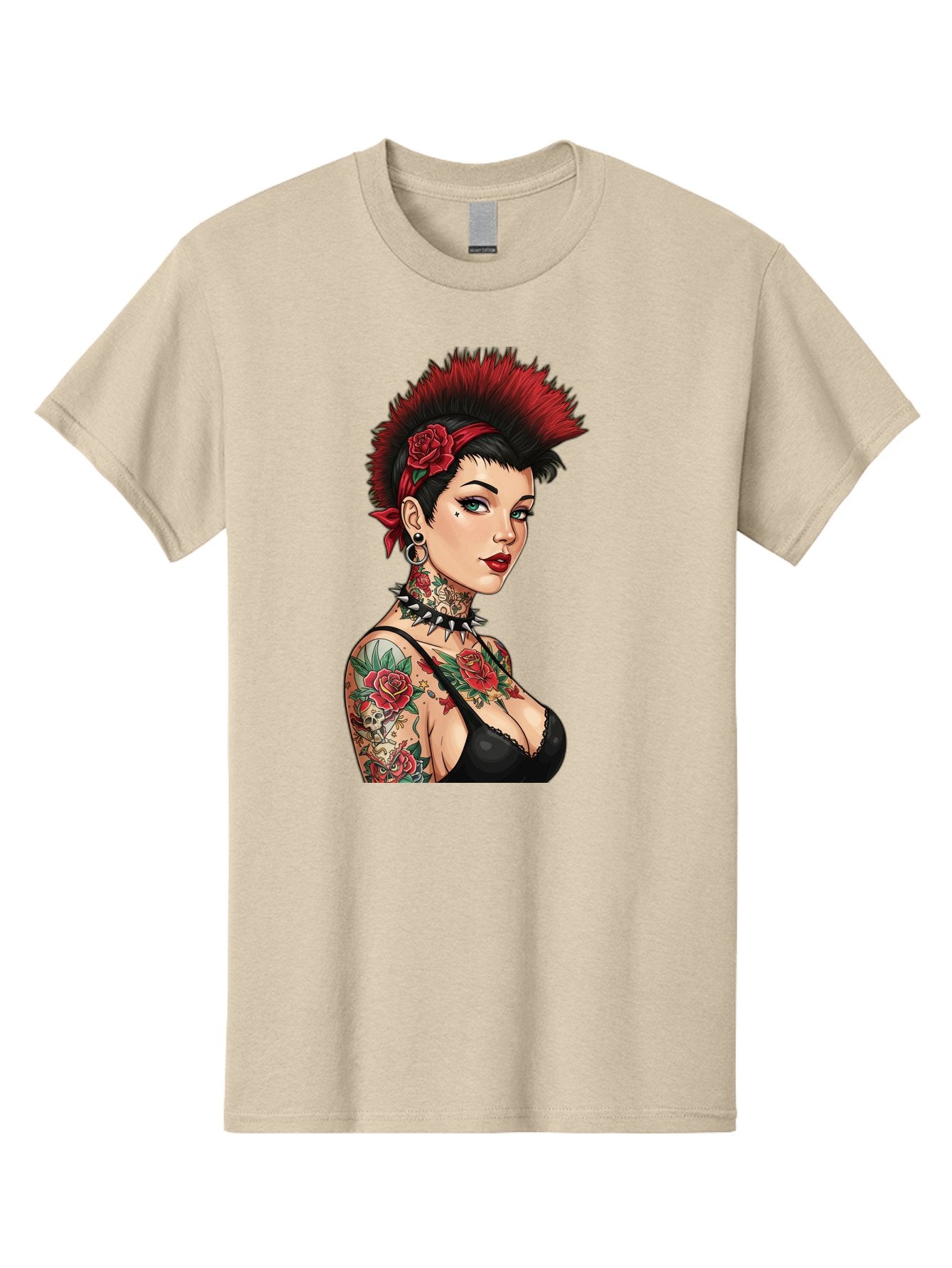 Punk-Rock-Girl Men'S Graphic Tee, 100% Cotton, Comfortable Casual Summer Wear, Machine Washable, Tattooed Woman, Punk Rock Style, Red Roses, Black Clothing, Spiky Hair, Studded Choker, Alternative Fashion, Edgy Beauty, Bold Makeup, Bad458 7