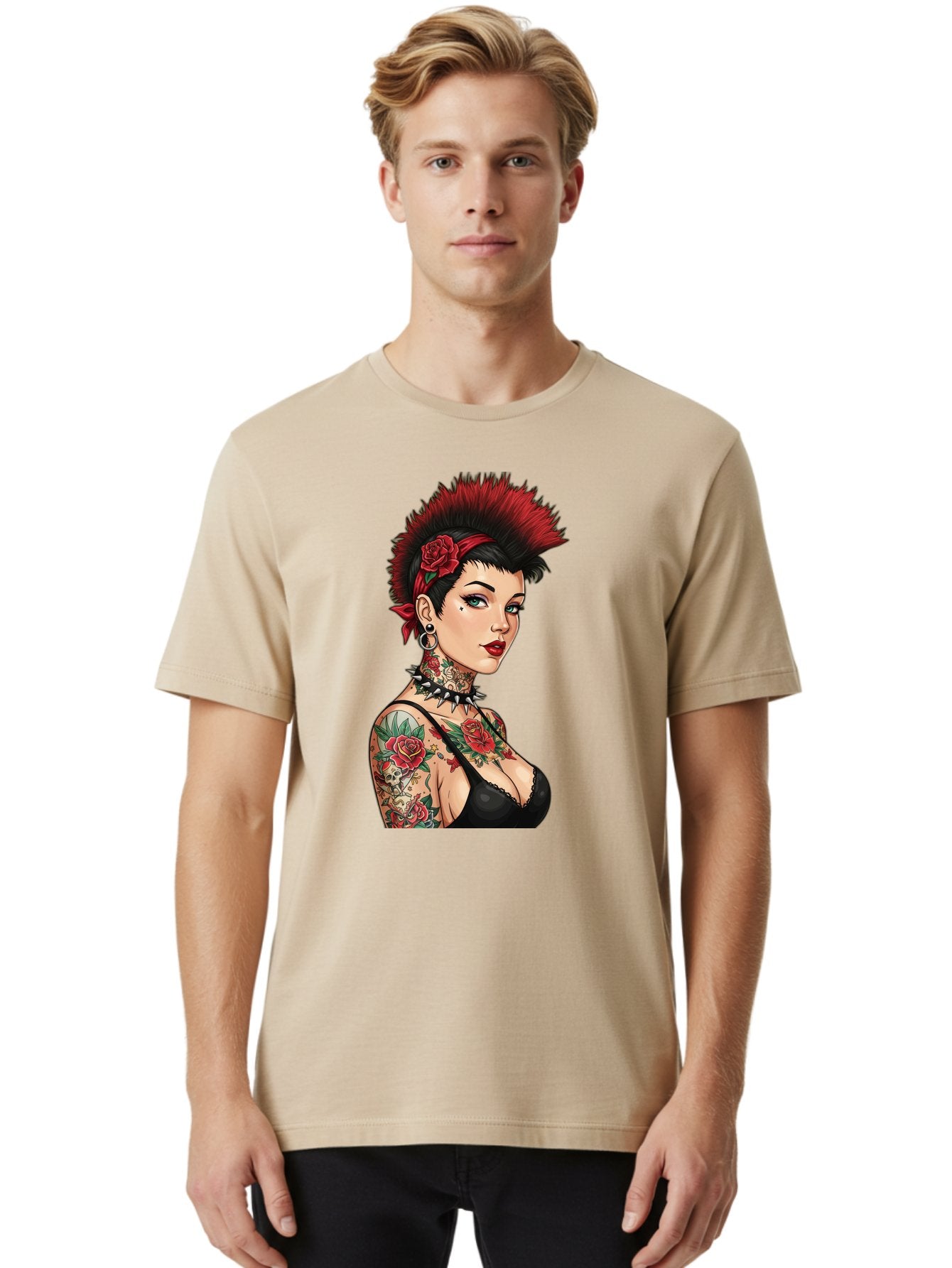 Punk-Rock-Girl Men'S Graphic Tee, 100% Cotton, Comfortable Casual Summer Wear, Machine Washable, Tattooed Woman, Punk Rock Style, Red Roses, Black Clothing, Spiky Hair, Studded Choker, Alternative Fashion, Edgy Beauty, Bold Makeup, Bad458 16