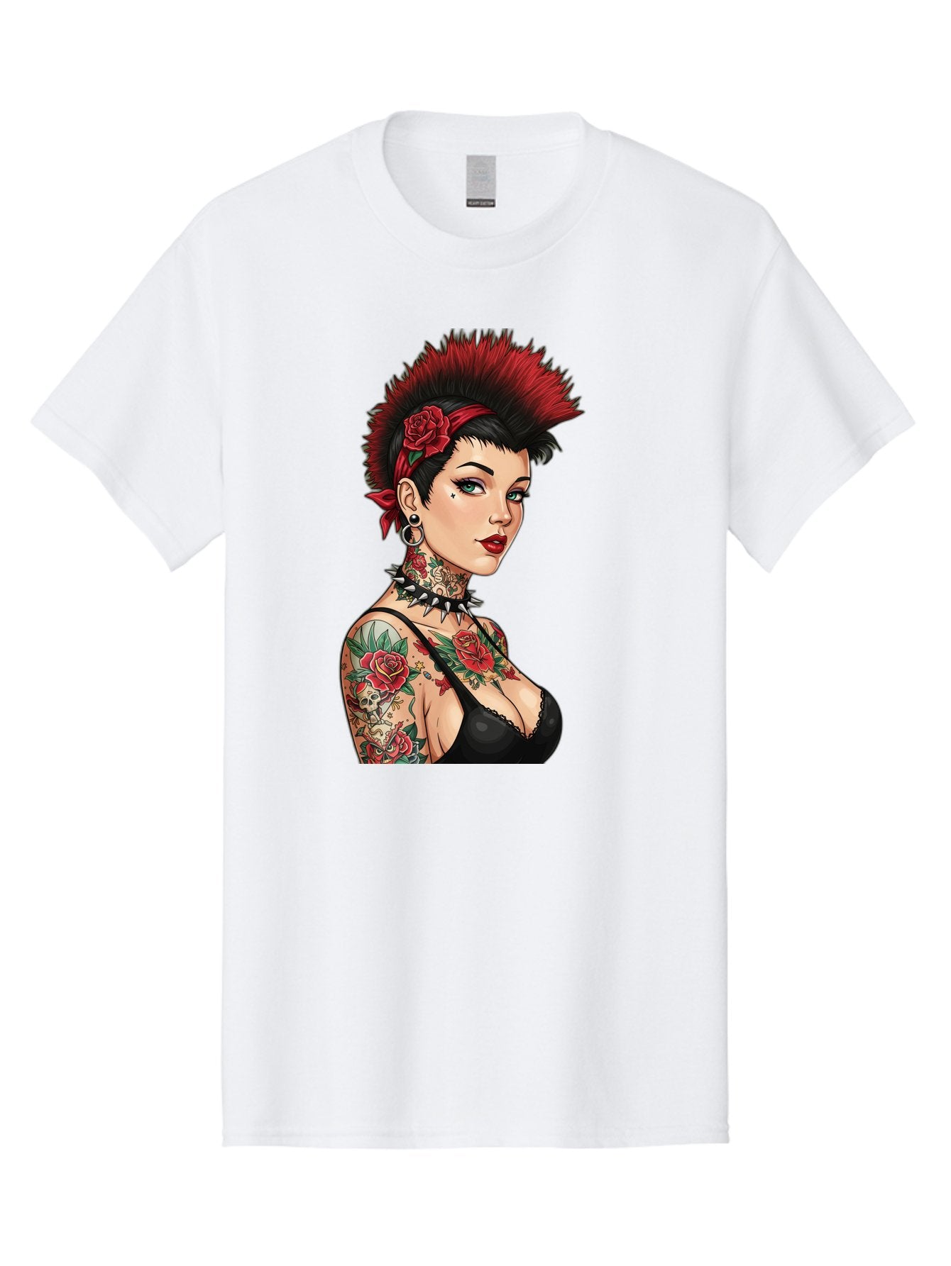 Punk-Rock-Girl Men'S Graphic Tee, 100% Cotton, Comfortable Casual Summer Wear, Machine Washable, Tattooed Woman, Punk Rock Style, Red Roses, Black Clothing, Spiky Hair, Studded Choker, Alternative Fashion, Edgy Beauty, Bold Makeup, Bad458 14