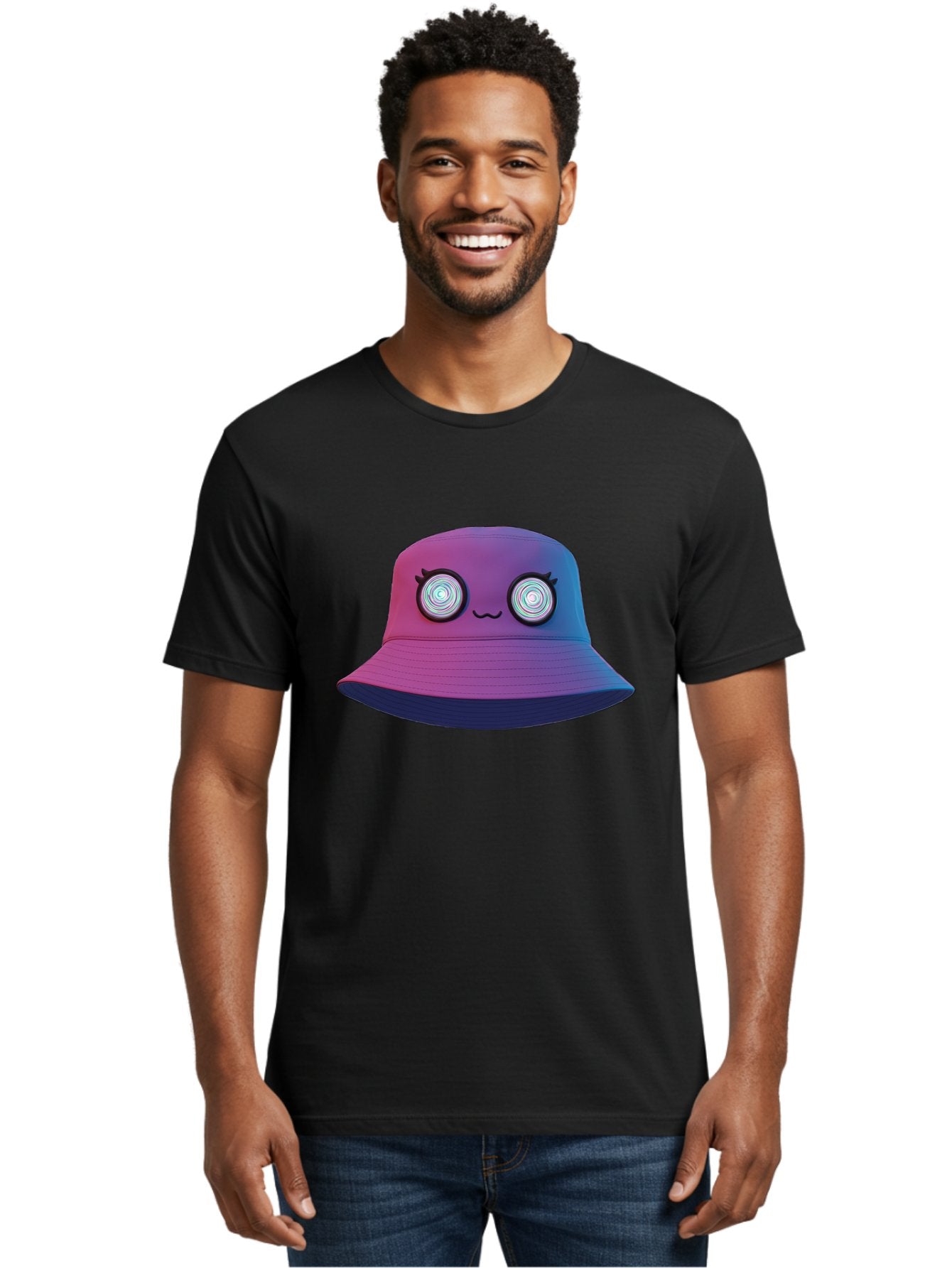Purple-Bucket-Hat-1 Men'S Graphic Tee, 100% Cotton, Comfortable Casual Summer Wear, Machine Washable, Purple And Blue Bucket Hat, Spiral Eyes, Eyelashes, Smiling Face, Cartoon Character, Digital Illustration, Trendy Fashion, Bad459 19